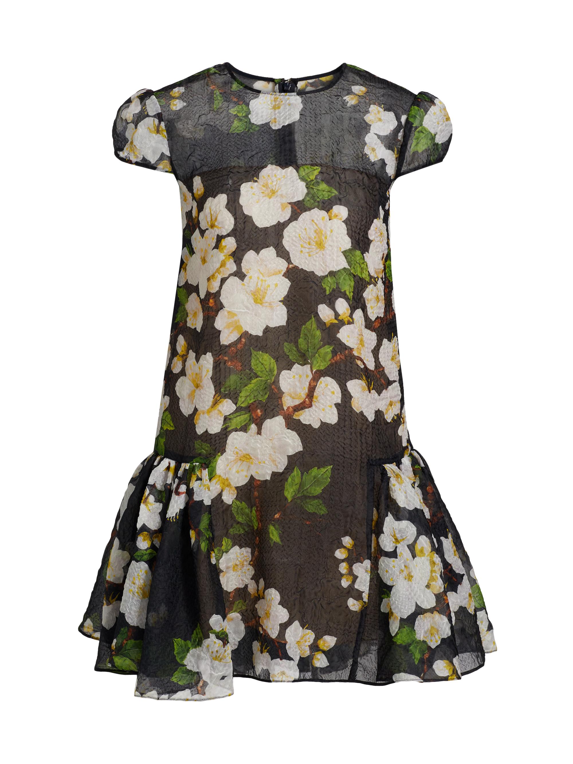 Oscar de la Renta Women's Drop-Waist Cherry Blossom Cloqué Dress - White Navy