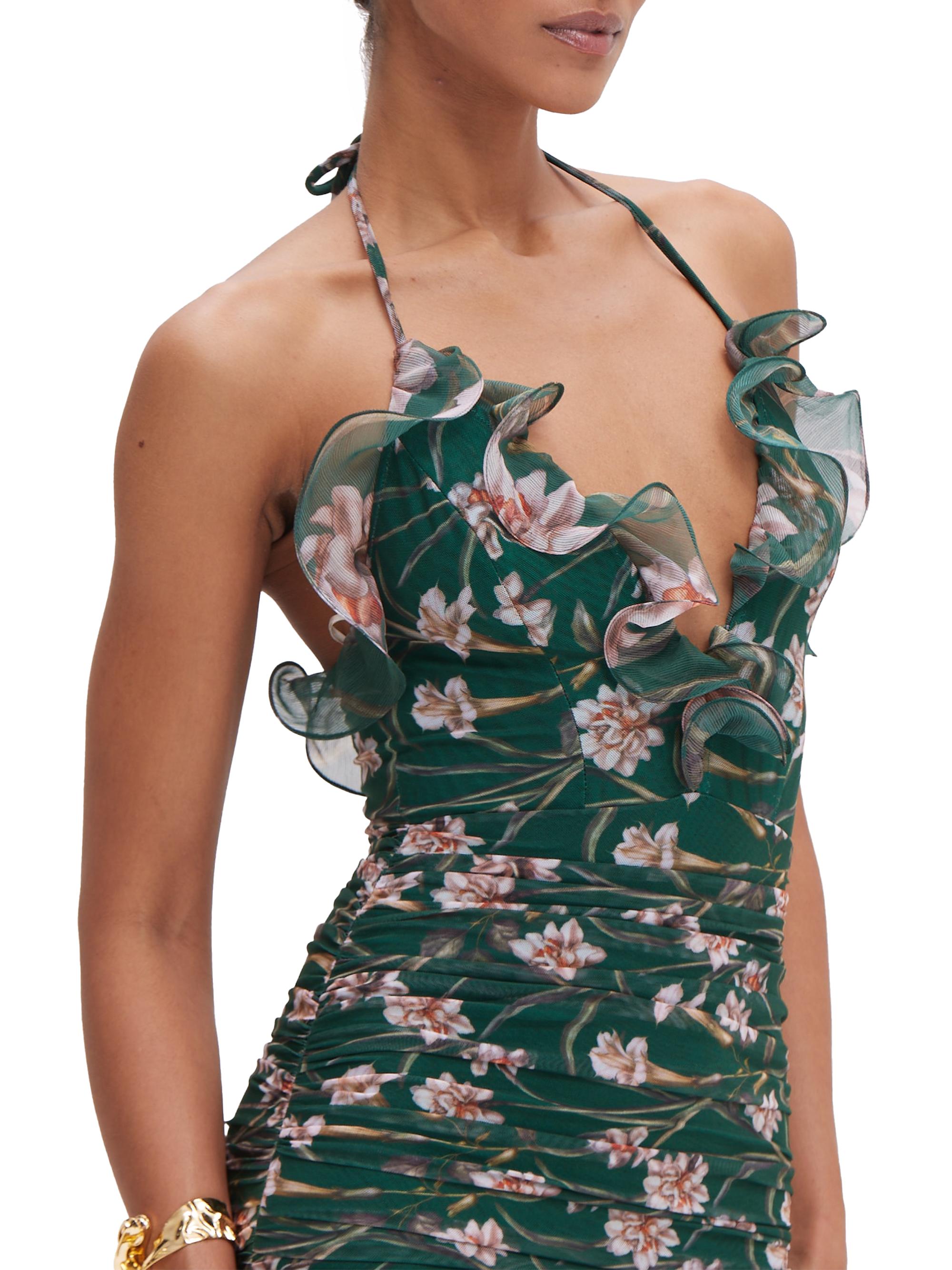 PatBO Botanic Retro Floral Chiffon Ruched Midi-Dress | Saks Fifth Avenue