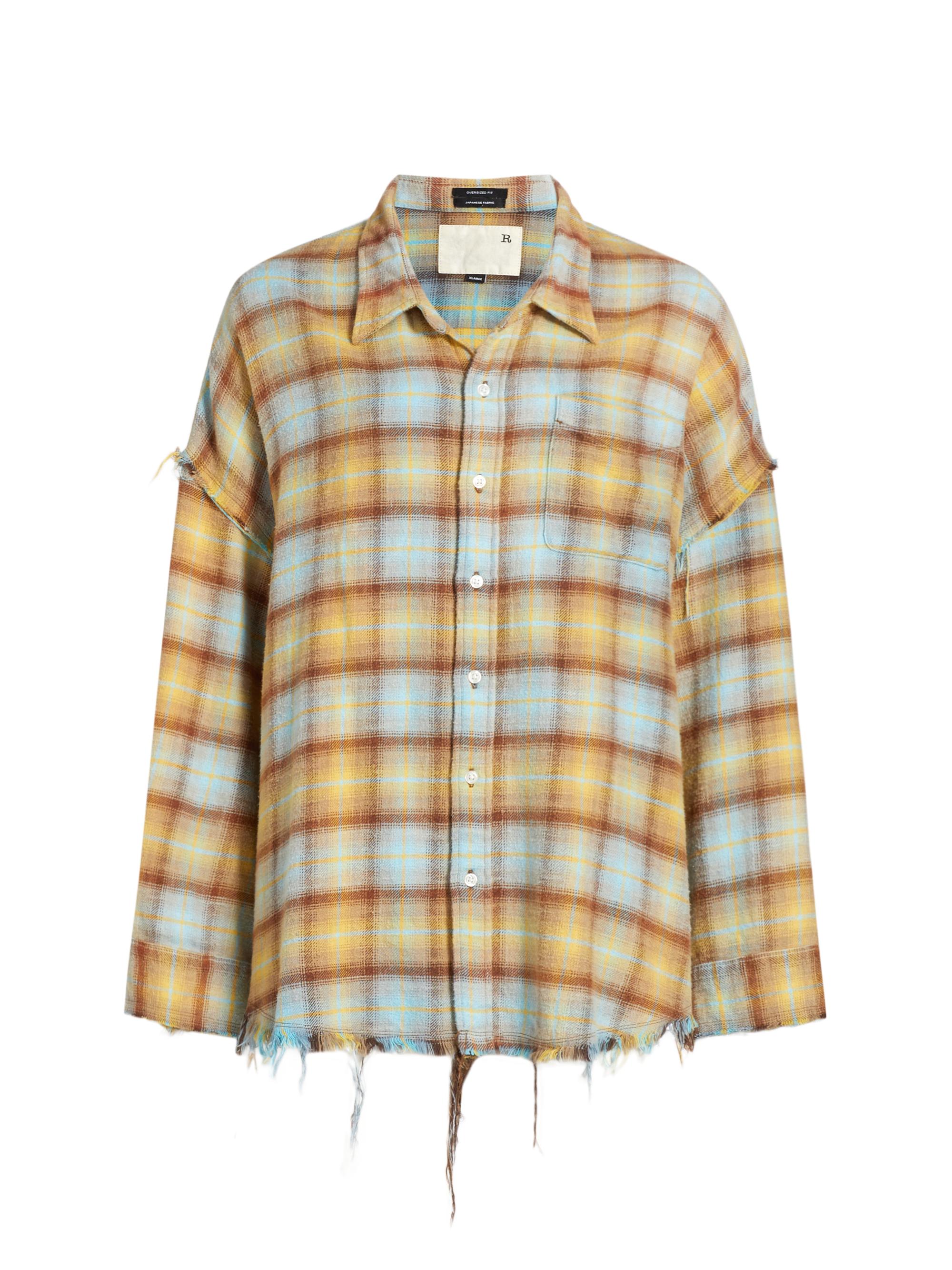 R13 Women's Distressed Plaid Cotton Button-Down Shirt - Light Blue Yellow Plaid