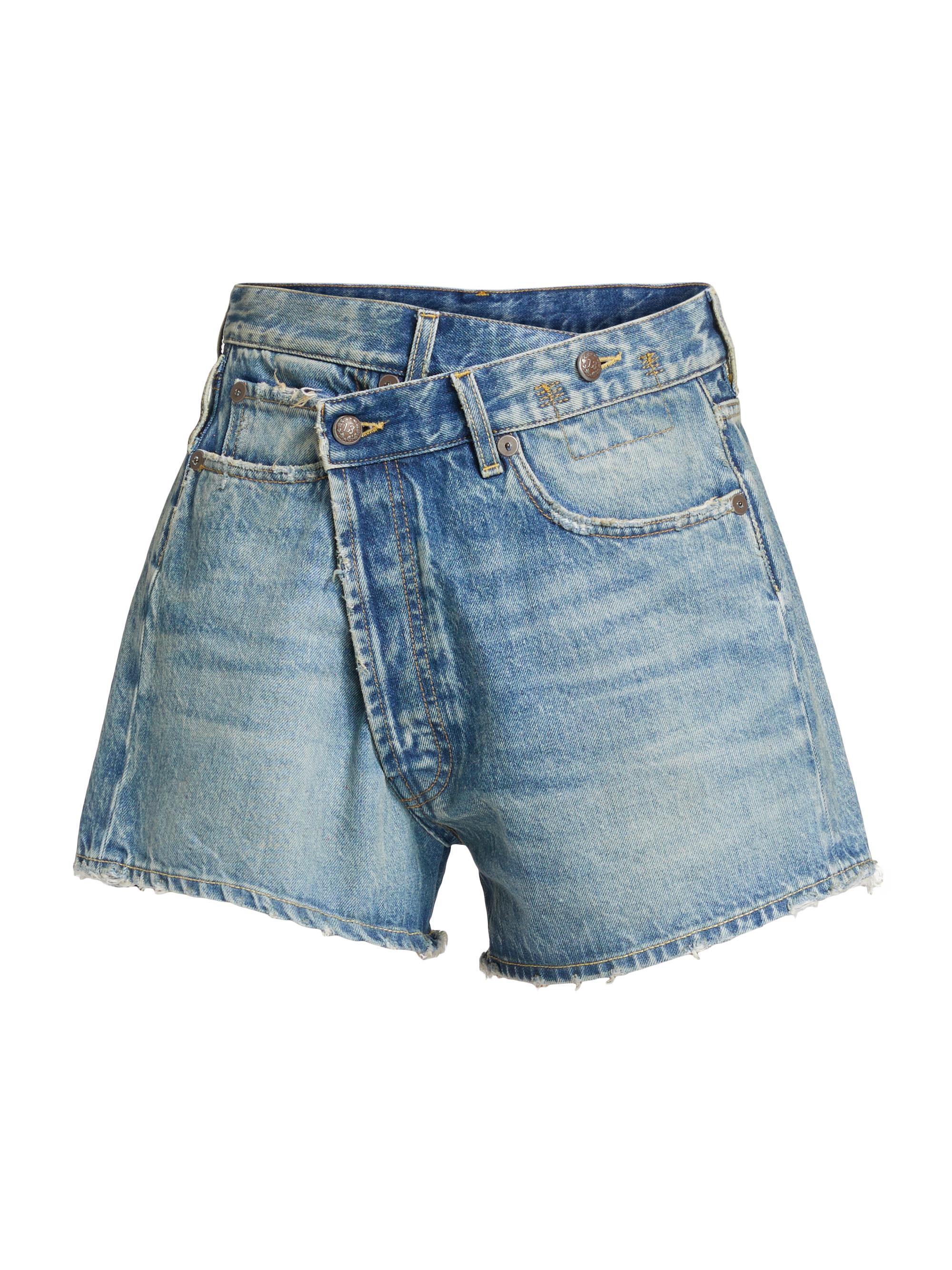 R13 Crossover Asymmetric Washed-Denim Shorts | Saks Fifth Avenue