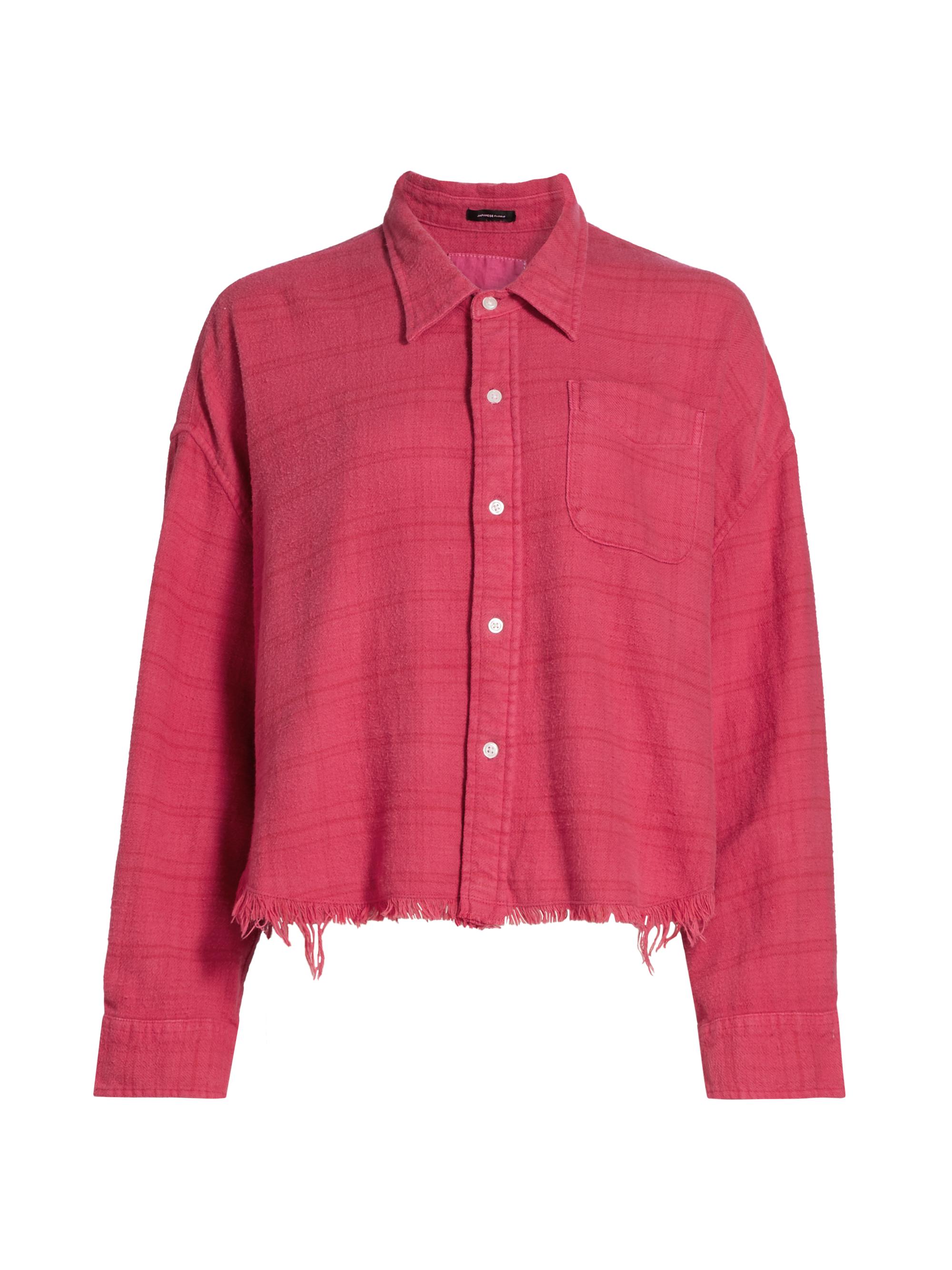 R13 Women's Striped Cotton Raw-Edge Crop Shirt - Overdyed Fuxia Plaid