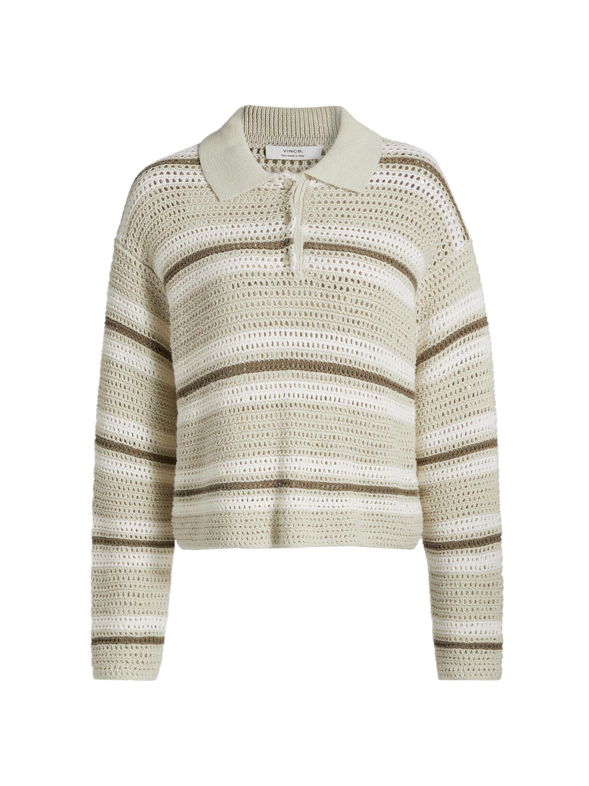 Vince Women's Striped Cotton Open-Knit Polo Shirt - White Stone Combo