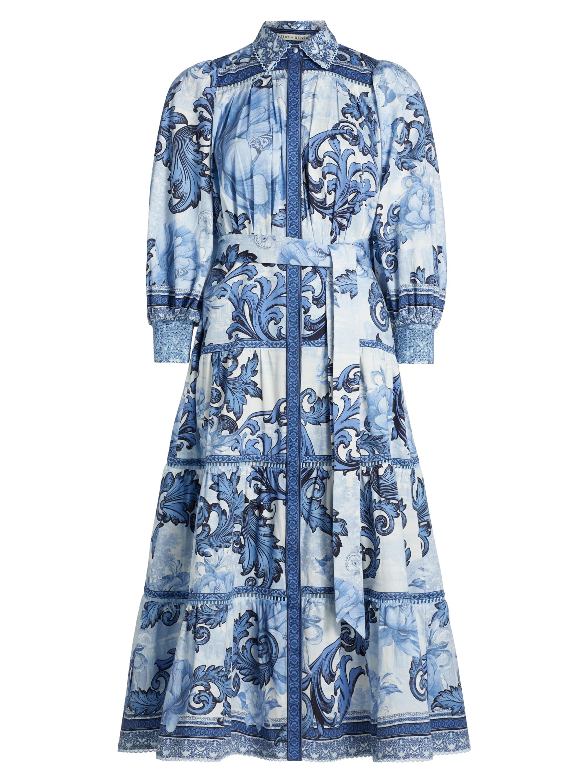ALICE + OLIVIA Geneva Filigree-Print Cotton Tiered Midi-Shirtdress
