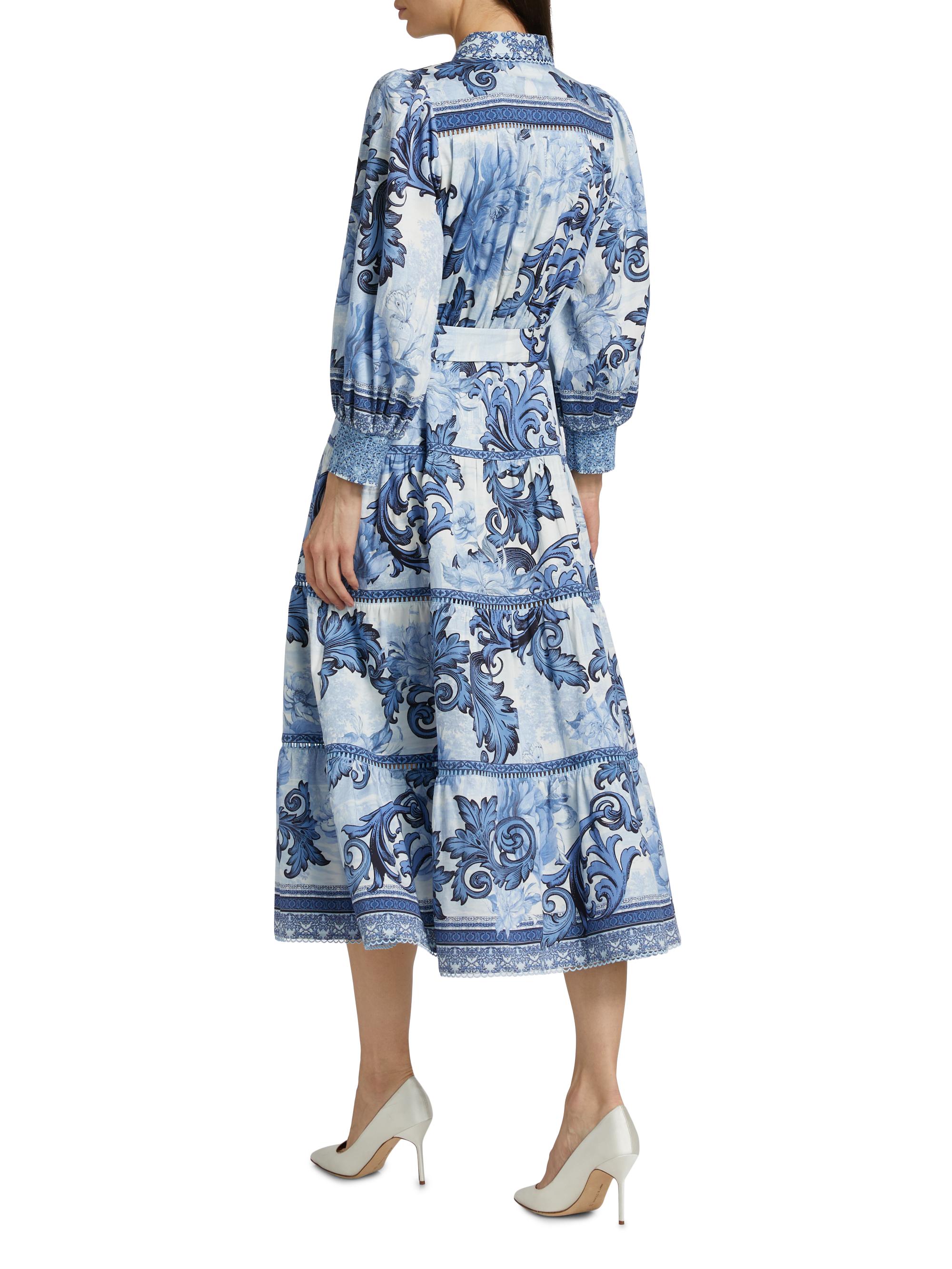Alice + Olivia Geneva Filigree-Print Cotton Tiered Midi-Shirtdress