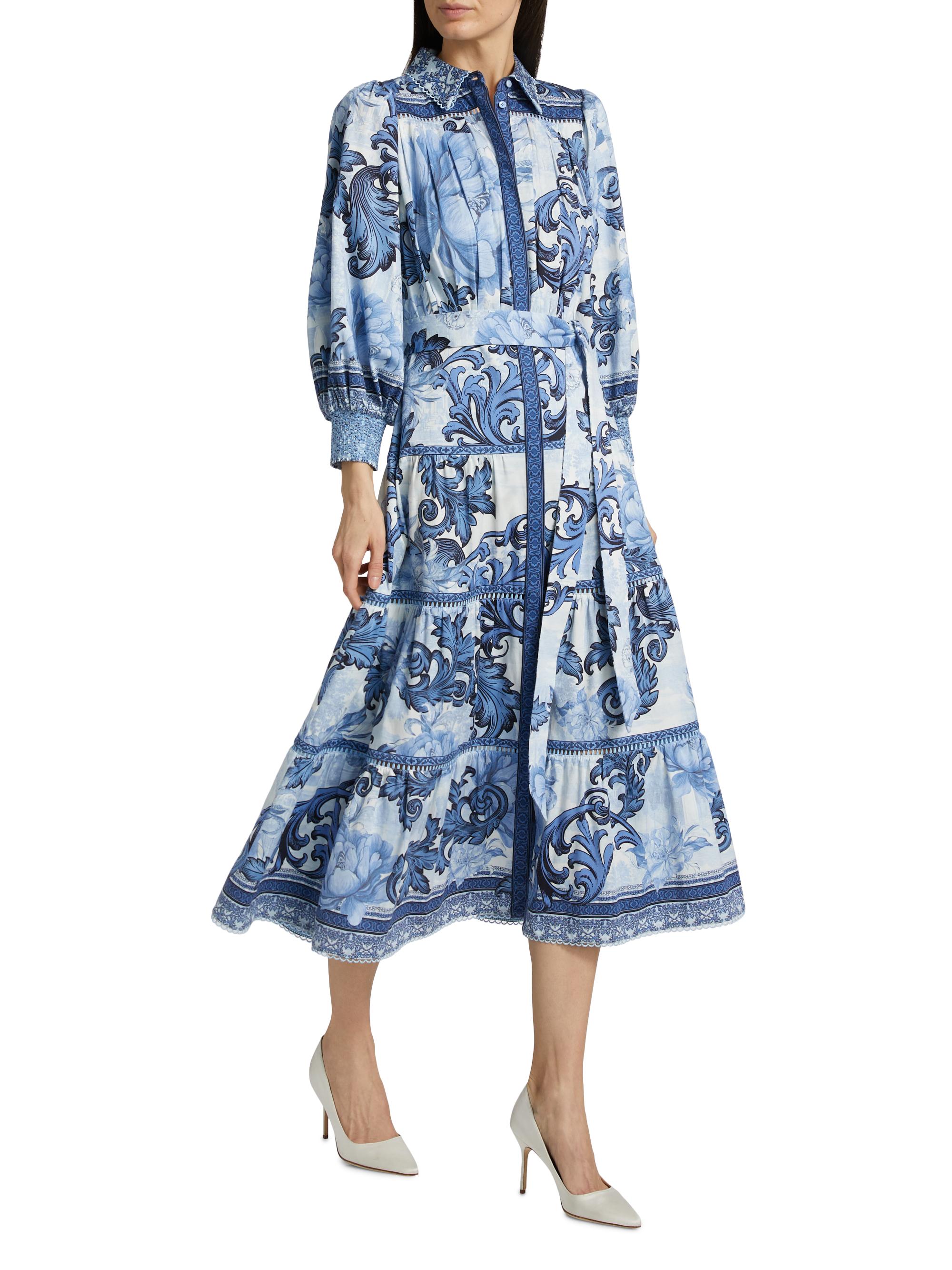 ALICE + OLIVIA Geneva Filigree-Print Cotton Tiered Midi-Shirtdress