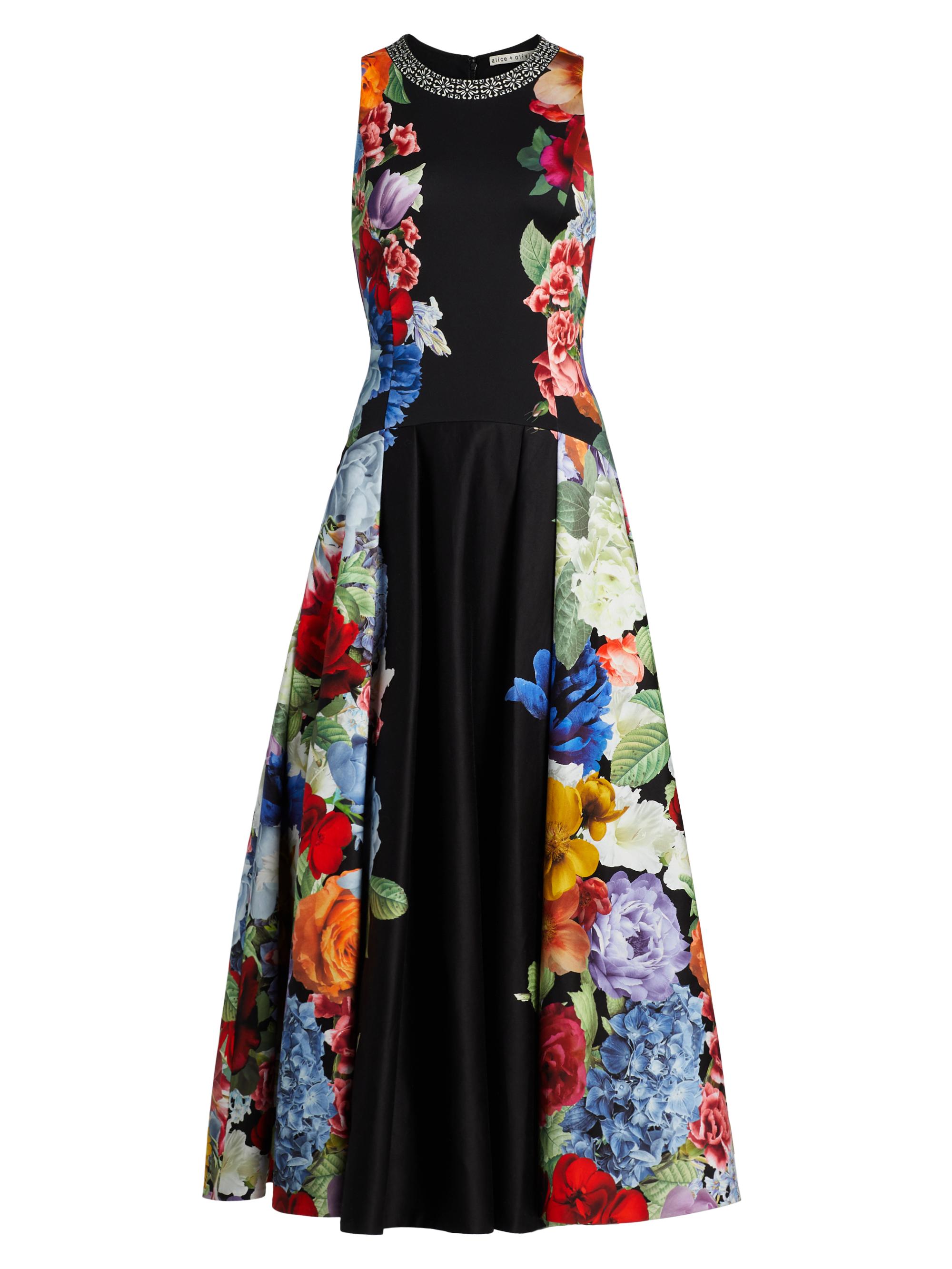 Alice + Olivia Women's Adley Floral Stretch-Cotton Flared Midi-Dress - Garden Brunch Black