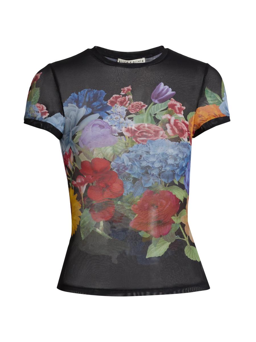 【Alice+Olivia】アリス&オリビア TESS ストライプ T シャツ Alice + Olivia Tess Floral Semi-Sheer T-Shirt | Saks Fifth