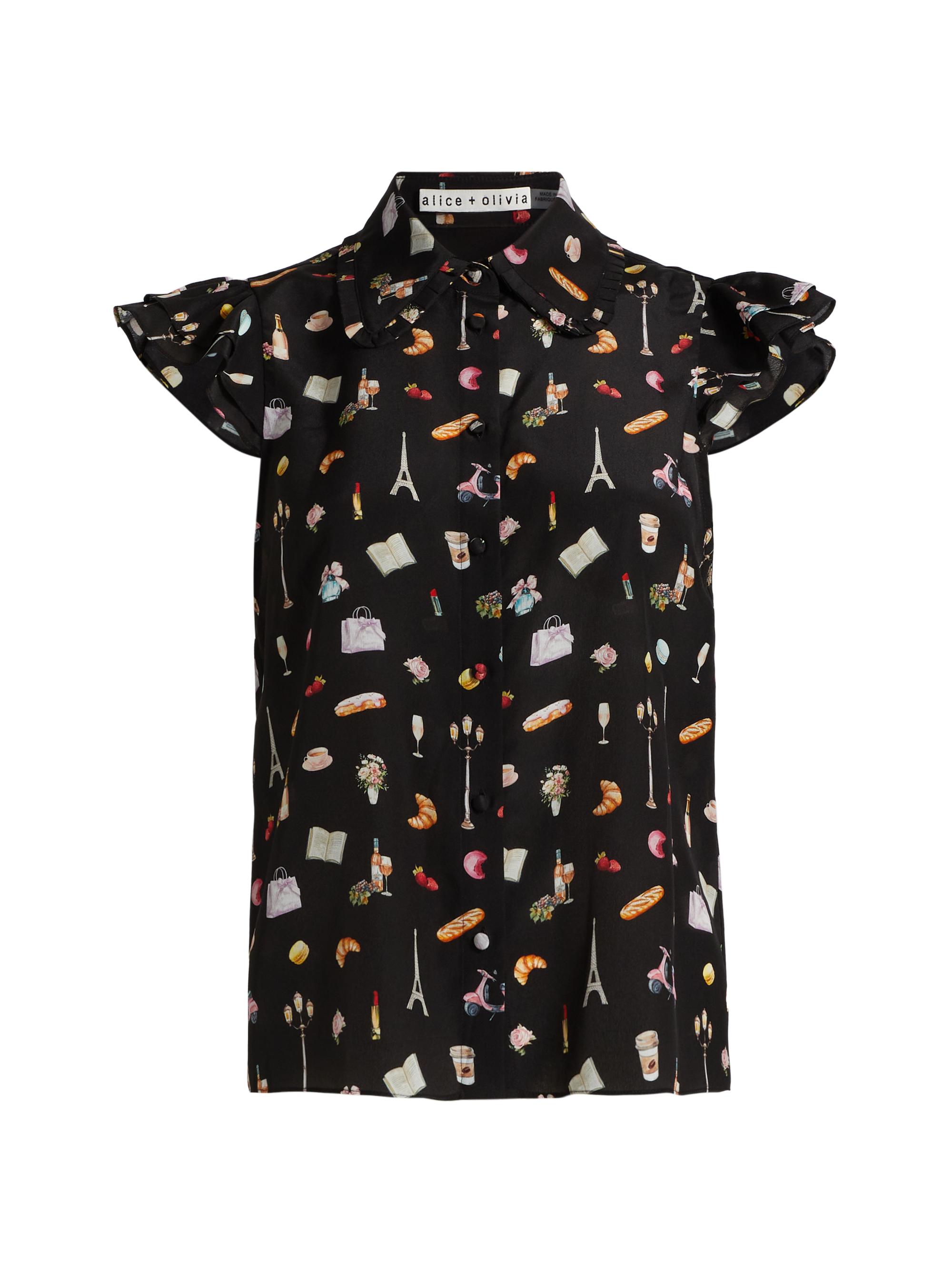 Alice + Olivia Women's Martel Printed Silk Flutter-Sleeve Shirt - Black Multi