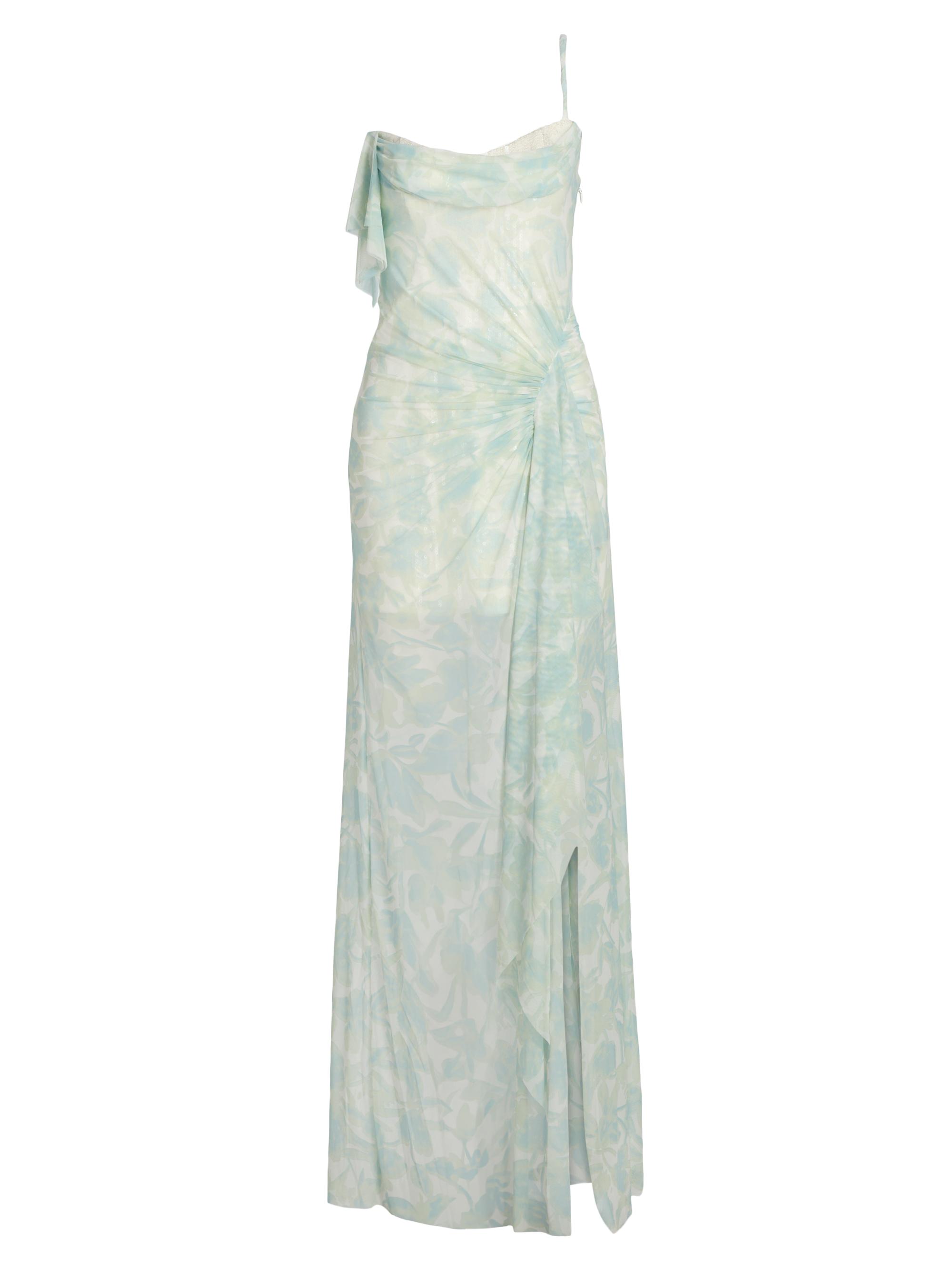 BCBGMAXAZRIA Women's Mesh Sequin One-Shoulder Floral Gown - Sky Floral Print