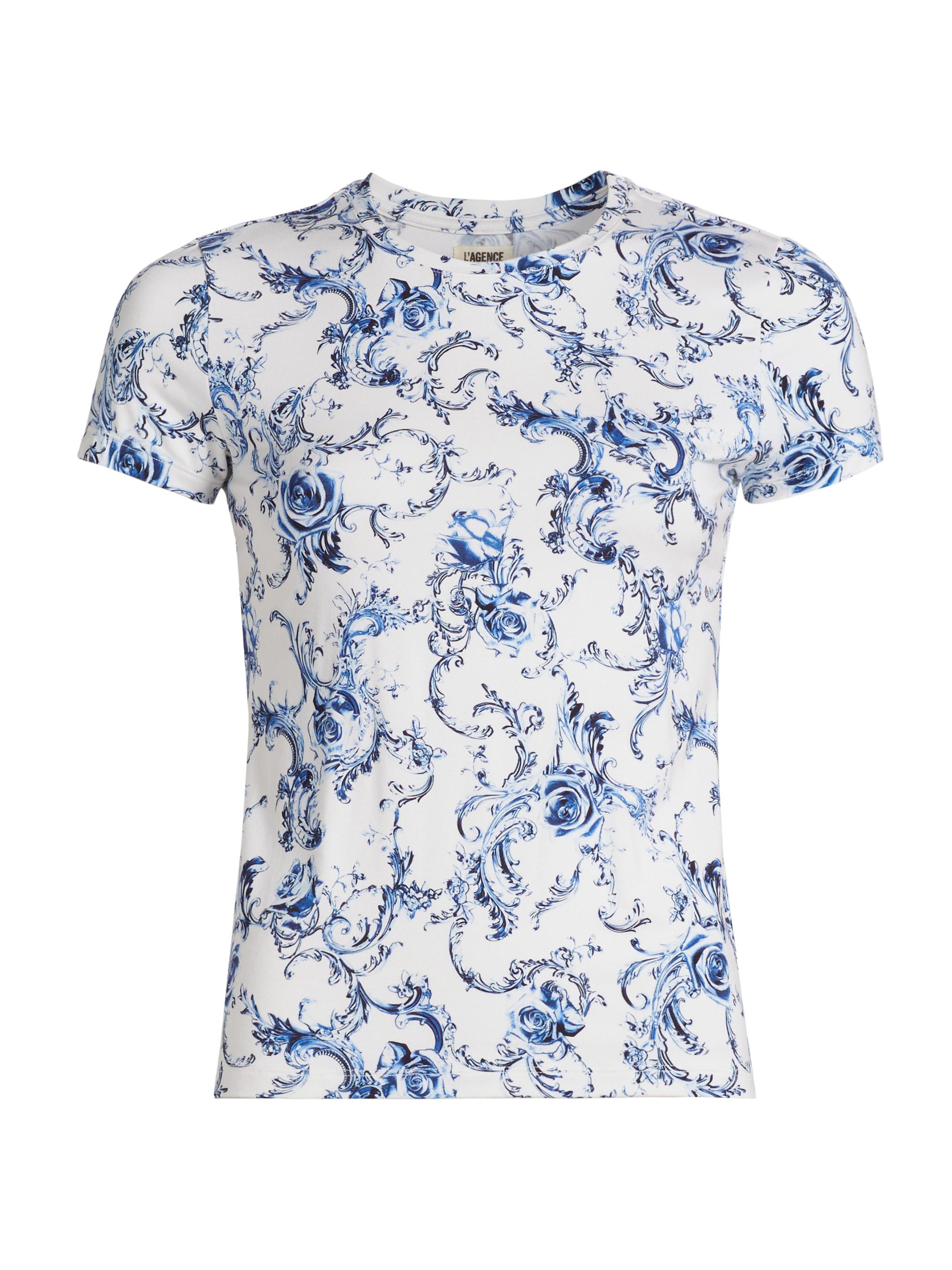 L'AGENCE Women's Ressi Baroque Print Crewneck T-Shirt - White Blue Baroque Swirl