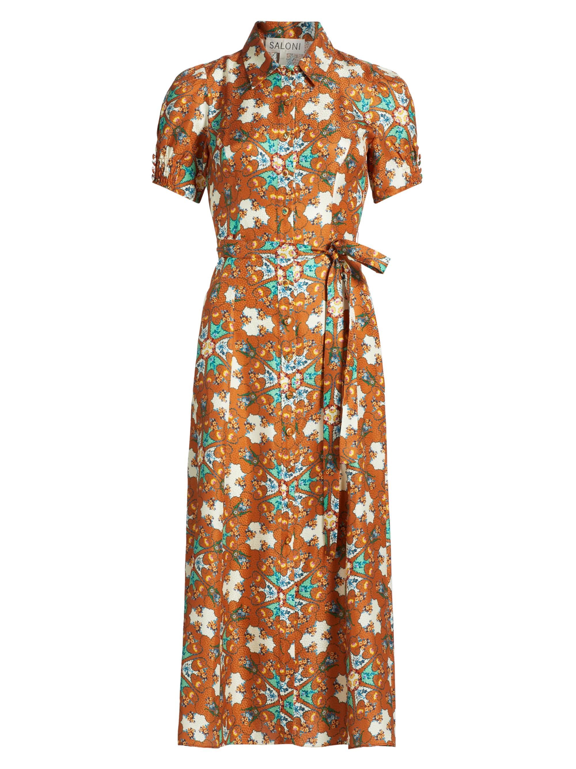 Saloni Women's Vanessa D Floral Silk Tiw-Waist Midi-Shirtdress - Opaline Spice