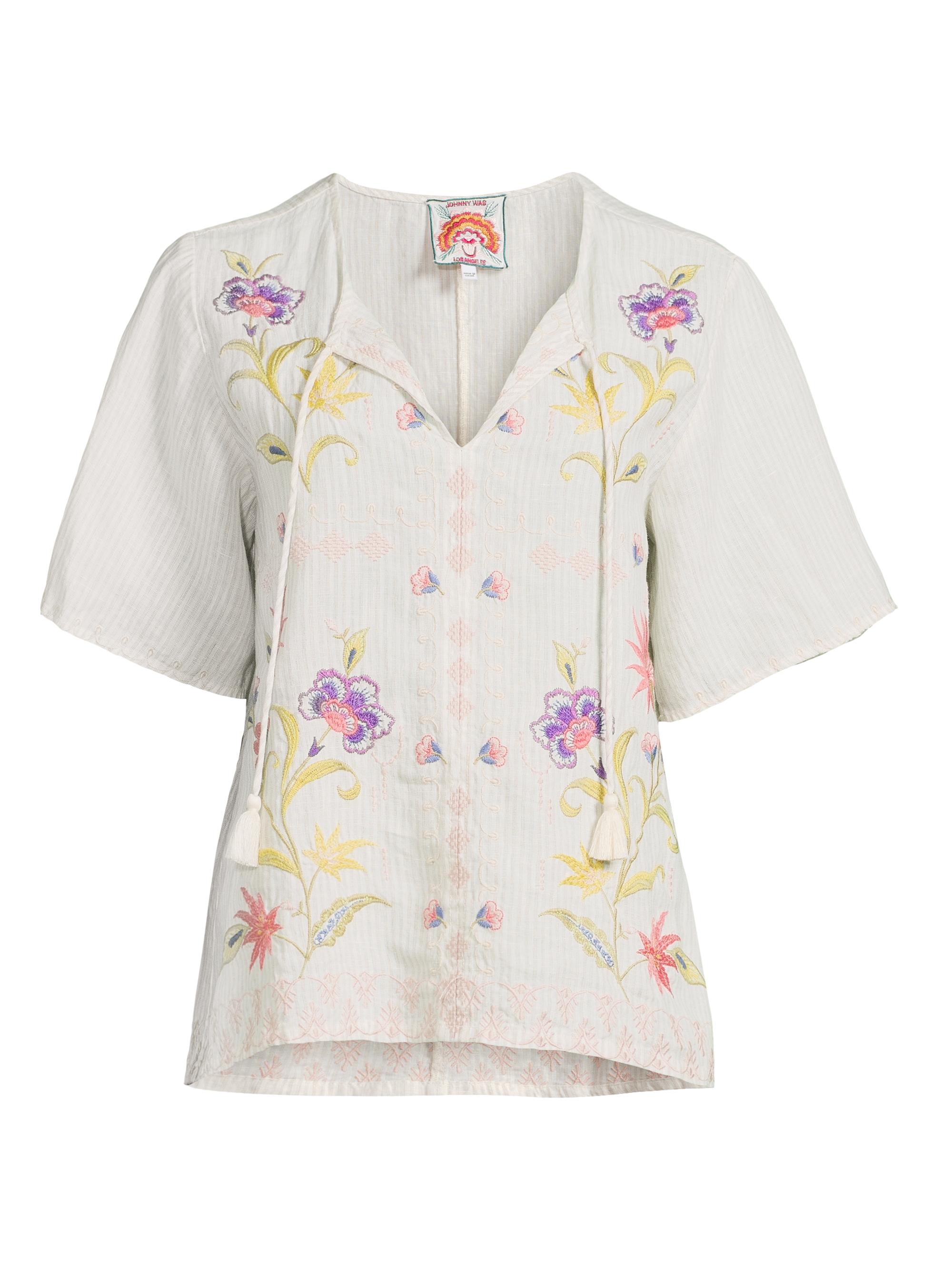 Johnny Was Women's Calista Floral-Embroidered Linen Blouse - Elordi Stripe