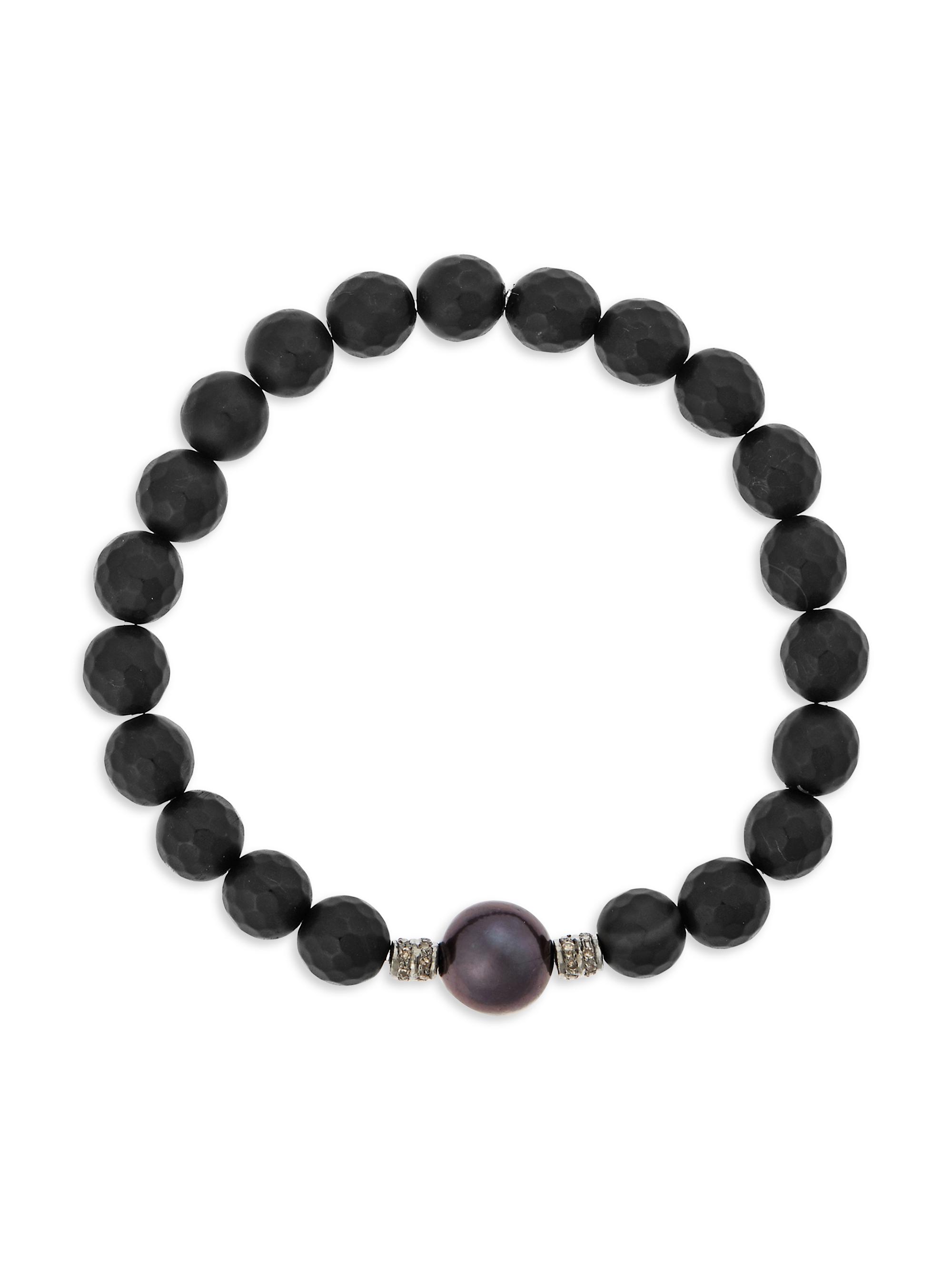 Ileana Makri Women's Globetrotter Sterling Silver, Black Onyx & 0.16 TCW Gray Diamond Beaded Stretch Bracelet - Black