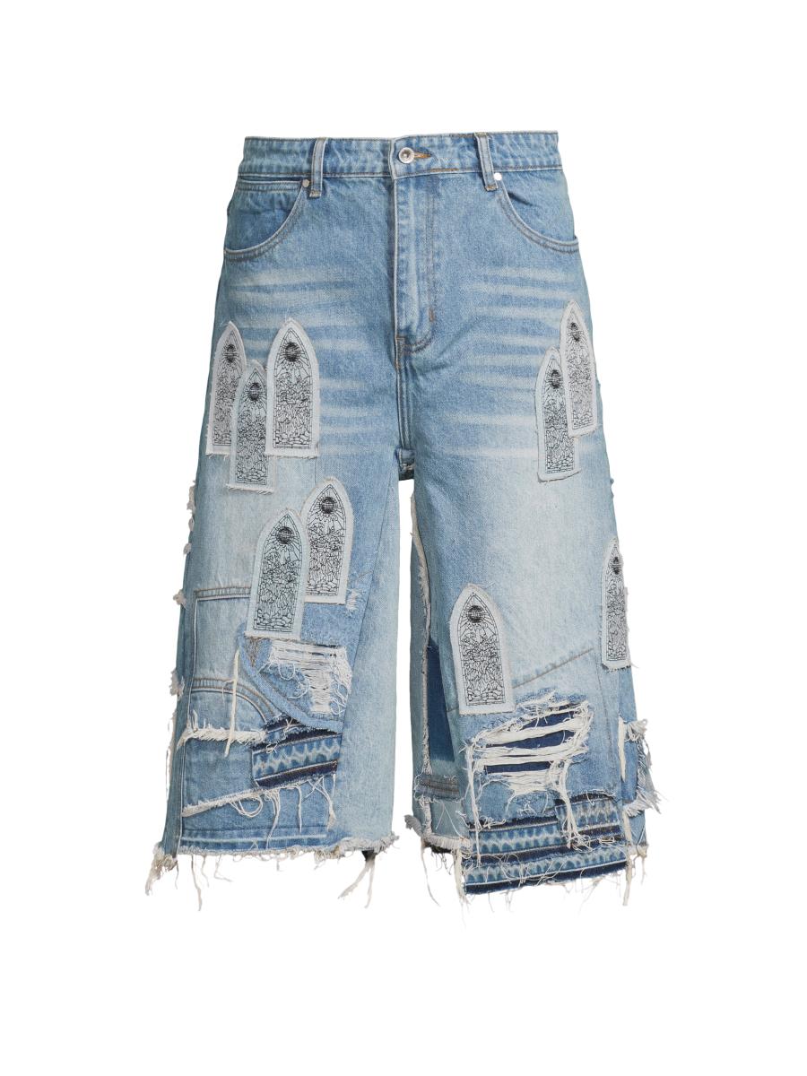 【DISCERNMENT】Tin Point Damage Bermuda Denim Blue Distressed Denim Shorts – Racer Worldwide