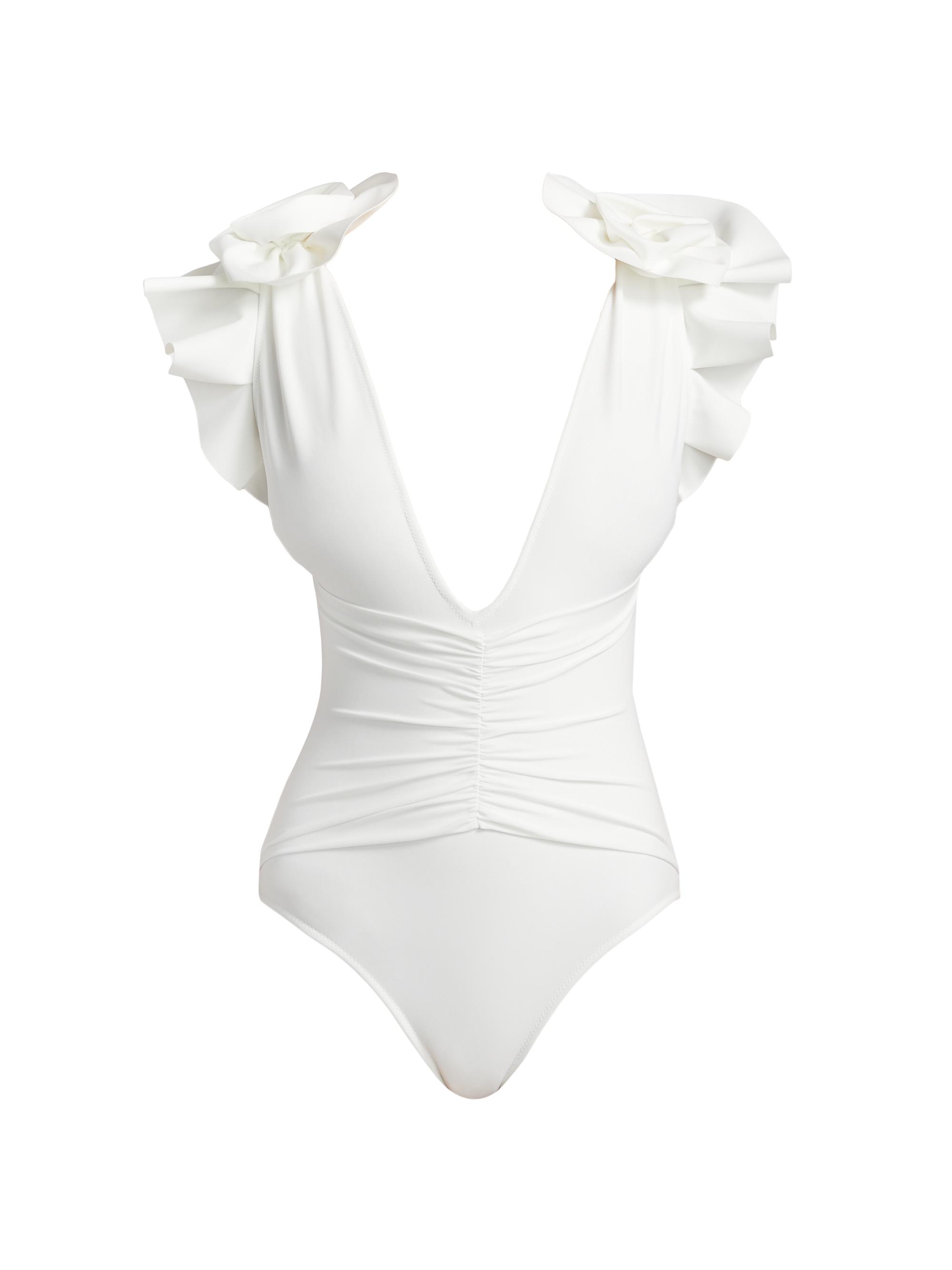 Chiara Boni La Petite Robe Women's Koji Ruched Ruffle-Trim Swimsuit - White