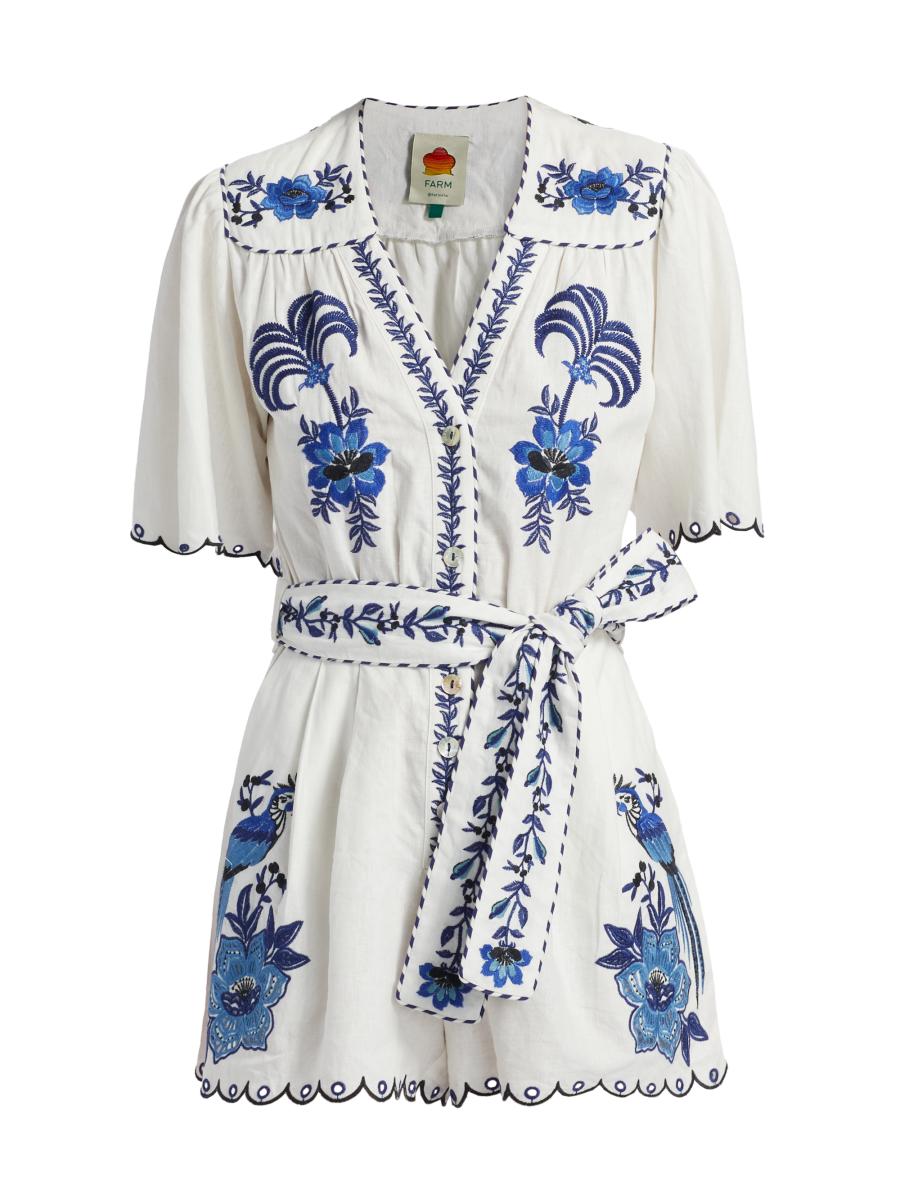 Farm Rio Women's Delicate Forest Embroidered Linen-blend Romper In White
