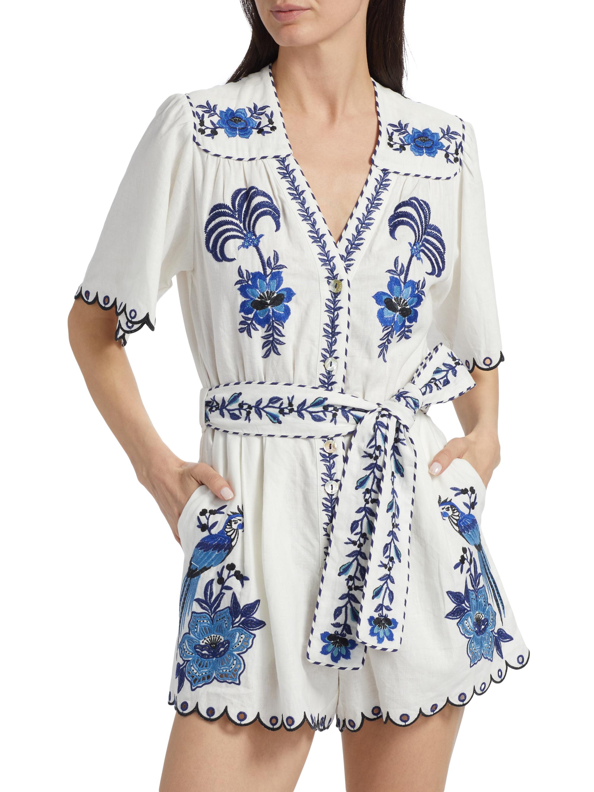 Farm Rio Delicate Forest Embroidered Linen-Blend Romper | Saks