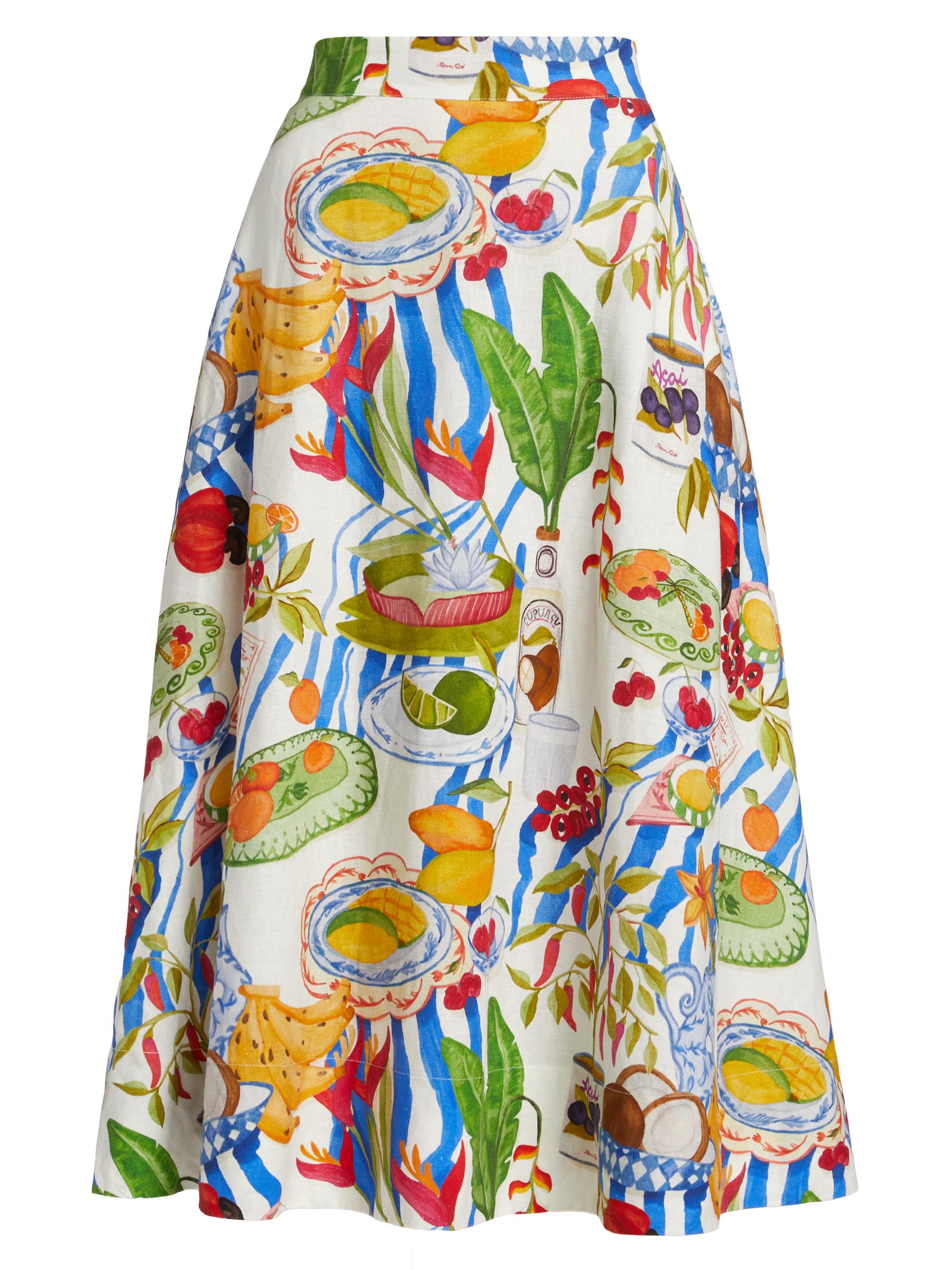 Farm Rio Women's Fresh Table Linen-Blend Midi-Skirt - Off White