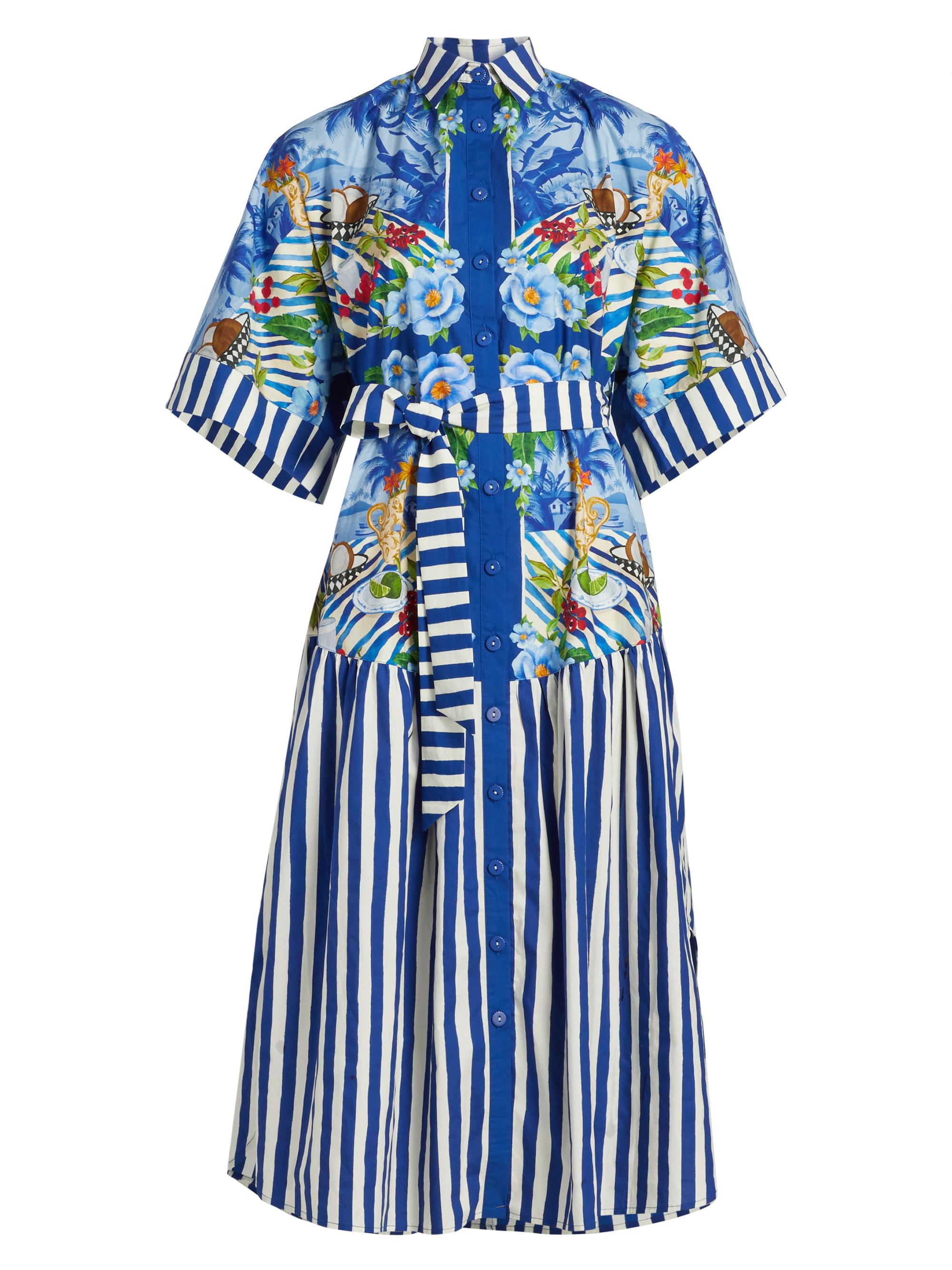 Farm Rio Women's Fresh Table Scarf-Printed Cotton Shirtdress - Blue