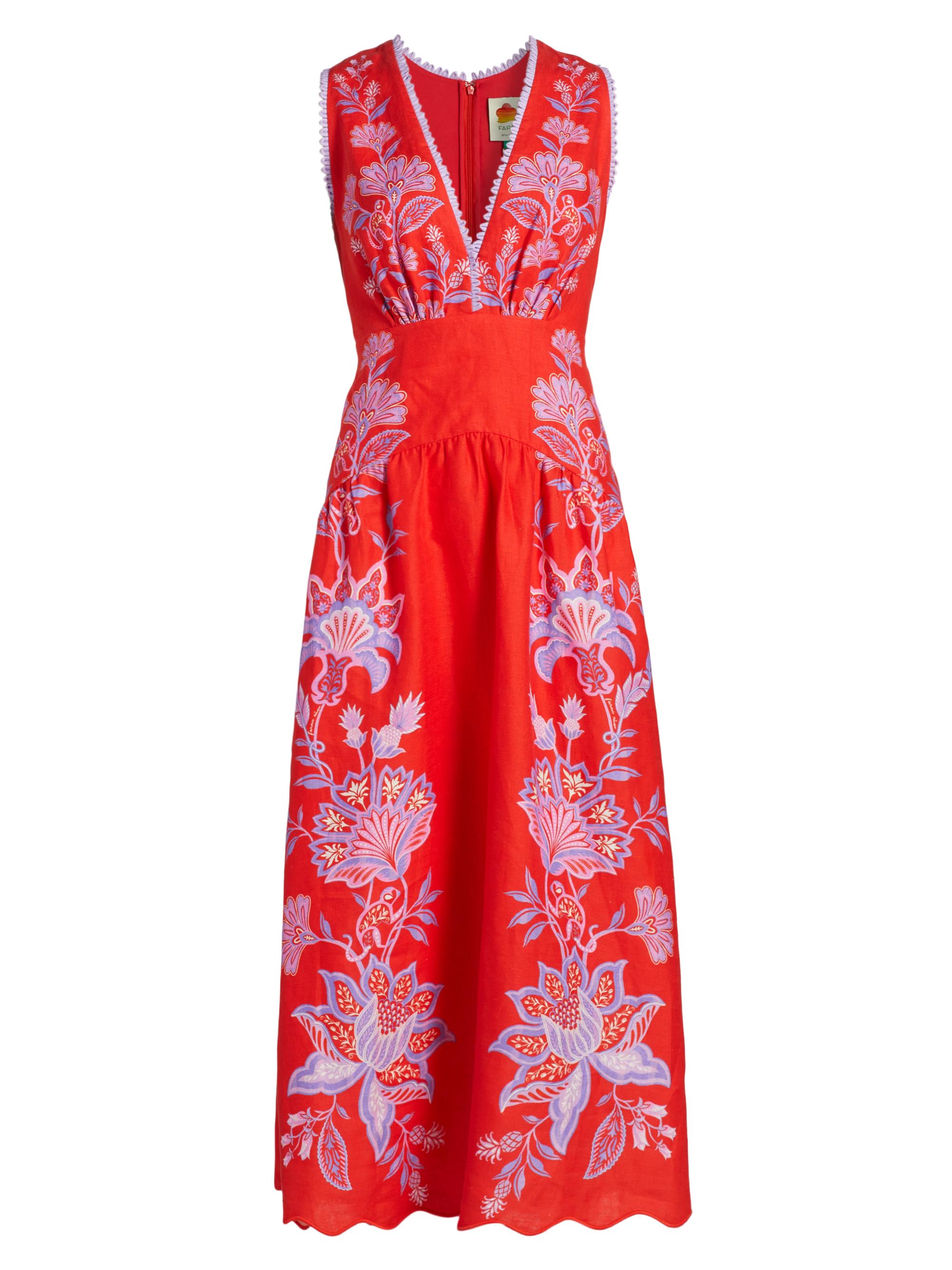 Farm Rio Women's Porcelain Garden Linen Midi-Dress - Red