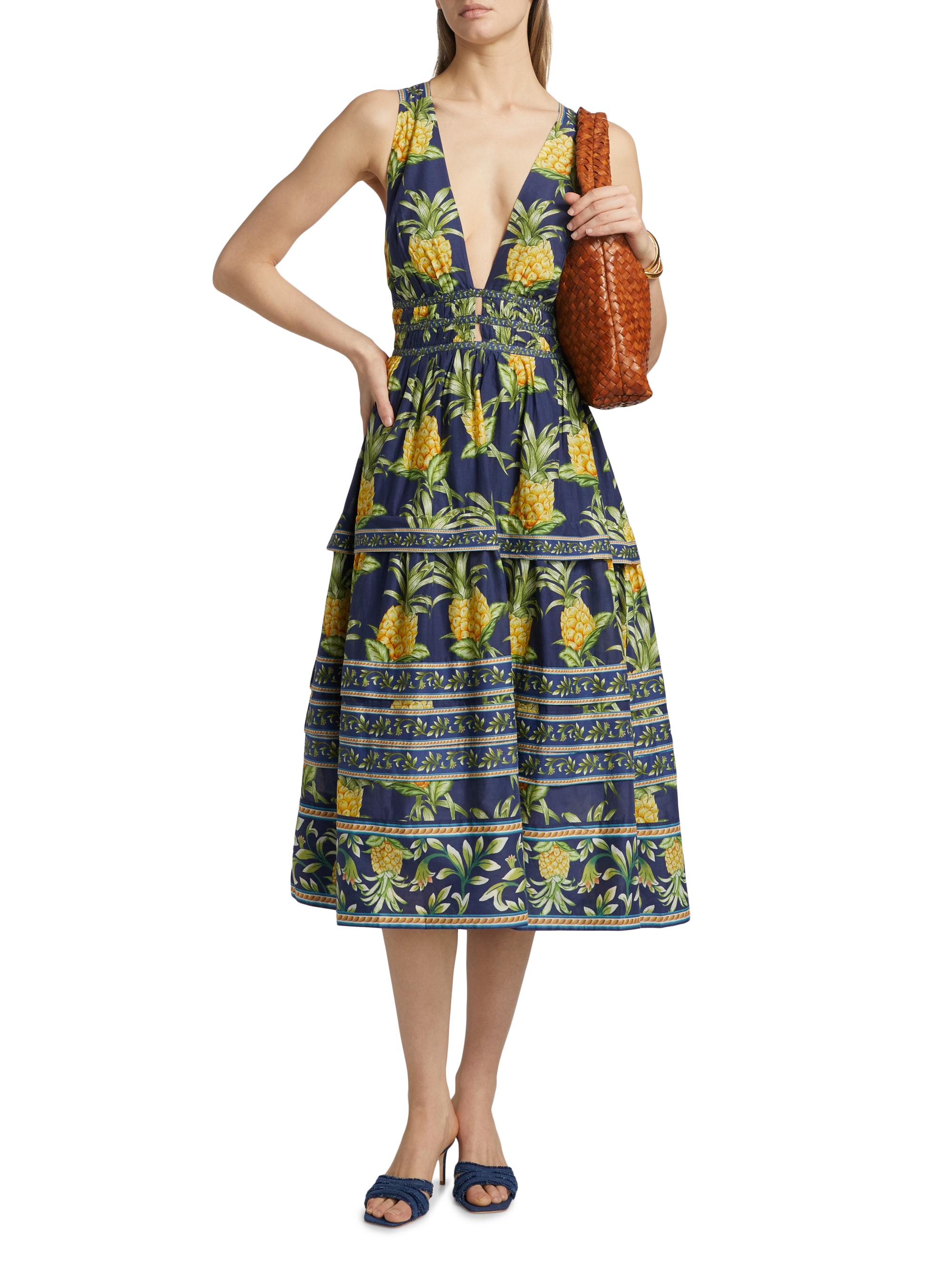 knee length dresses for ladies Pineapple Print Bow Shoulder Midi Dress main image 1