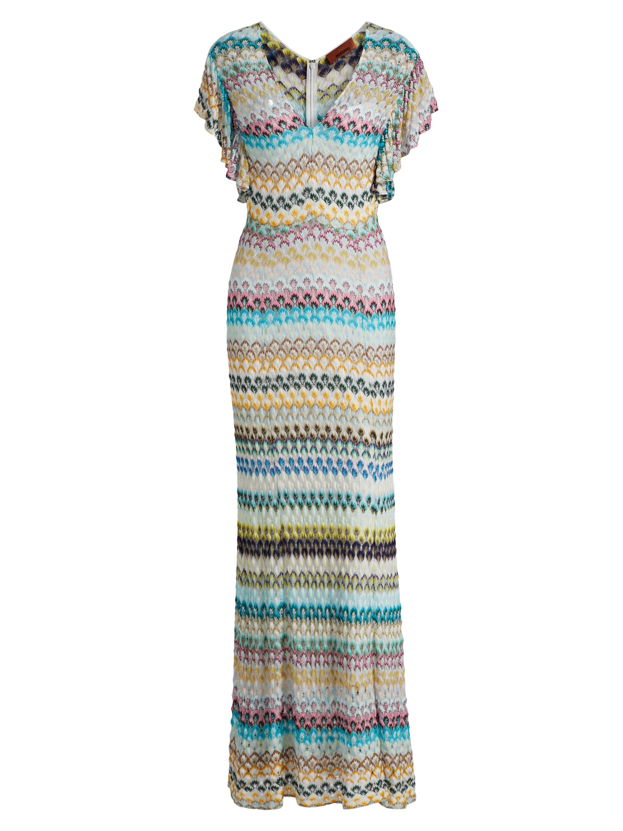 Missoni Women's Raschel Lace Chevron Flutter-Sleeve Maxi Dress - Multi Blue Brown Yellow