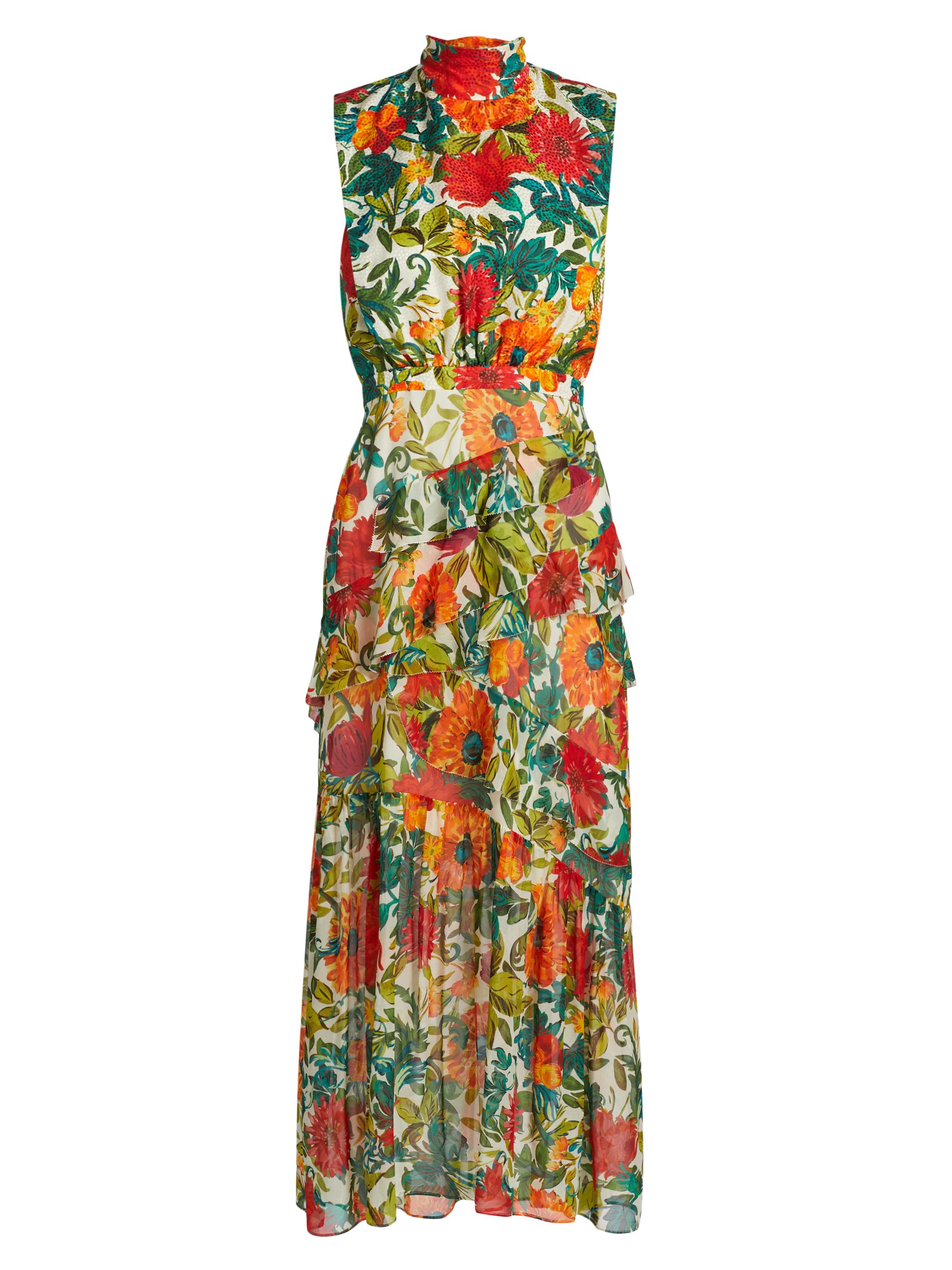 Saloni Women's Fleur Floral Silk Sleeveless Midi Dress - Mandevilla Foliage