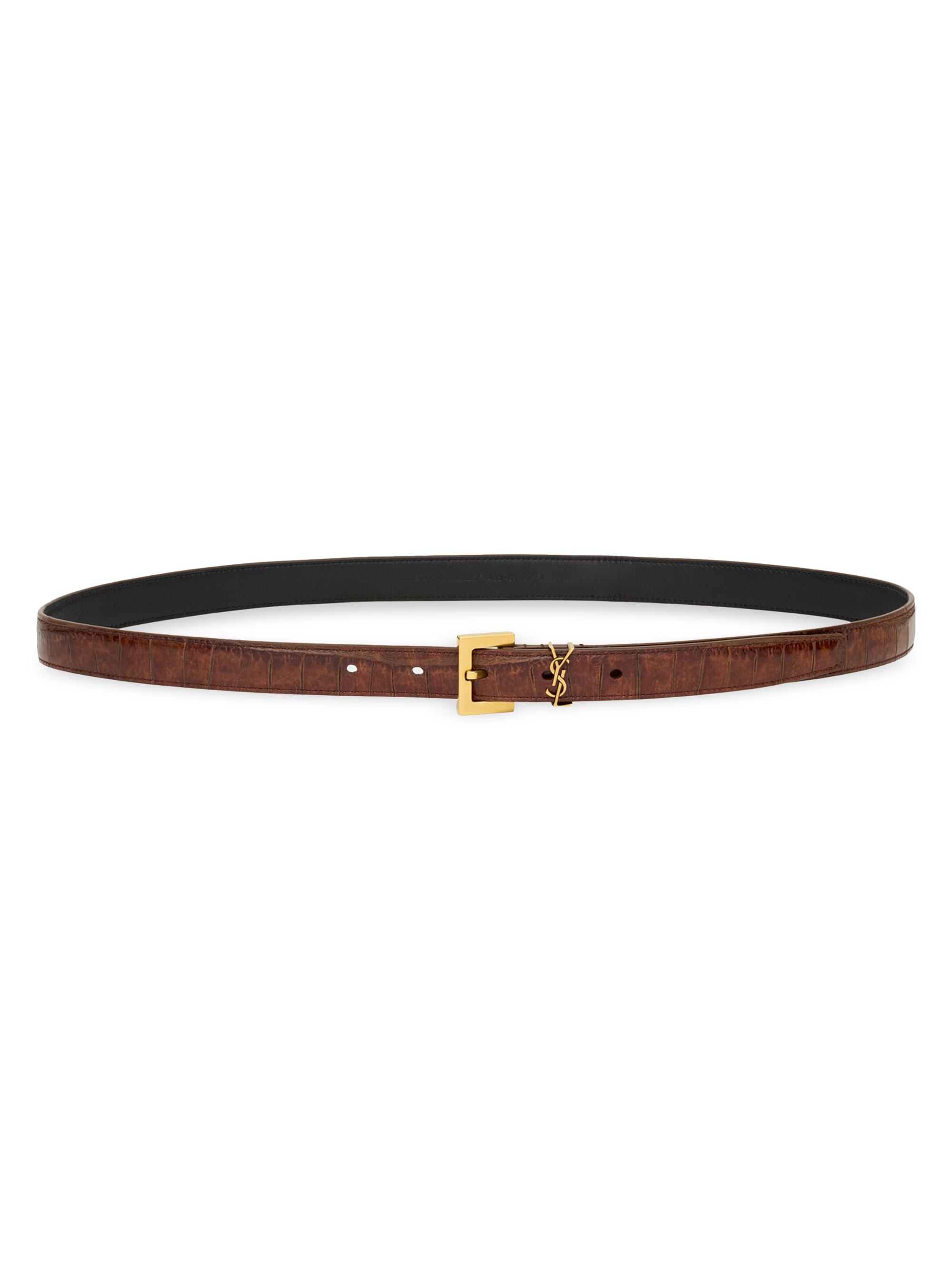 Saint Laurent Women's Cassandre Thin Belt in Crocodile-Embossed Leather - Vegetal Brown