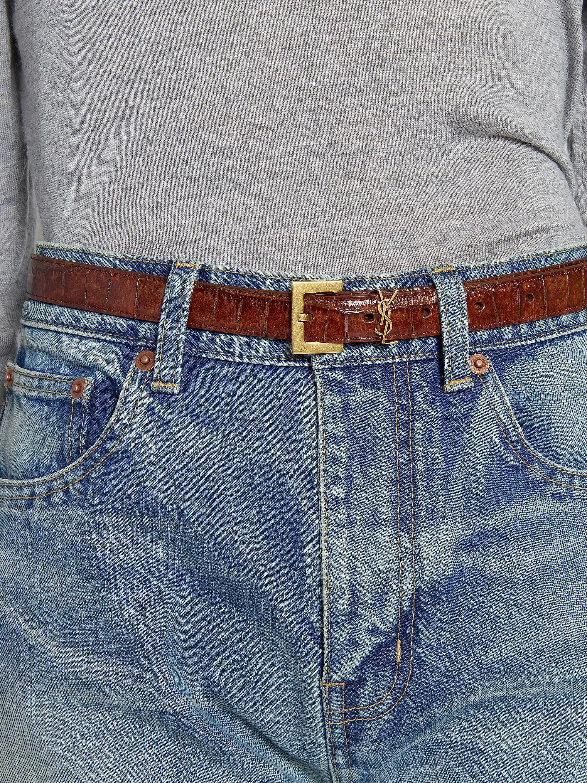 Saks Fifth Avenue Brown‎ Narrow Crocodile Belt Skinny Leather Saint Laurent Cassandre Thin Belt in Crocodile-Embossed  main image 2