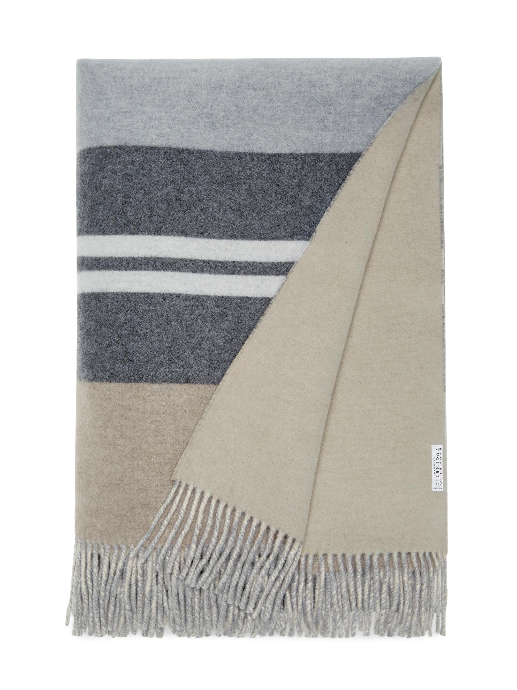 Brunello Cucinelli Striped Cashmere Double Cloth Throw with Fringe - Grey