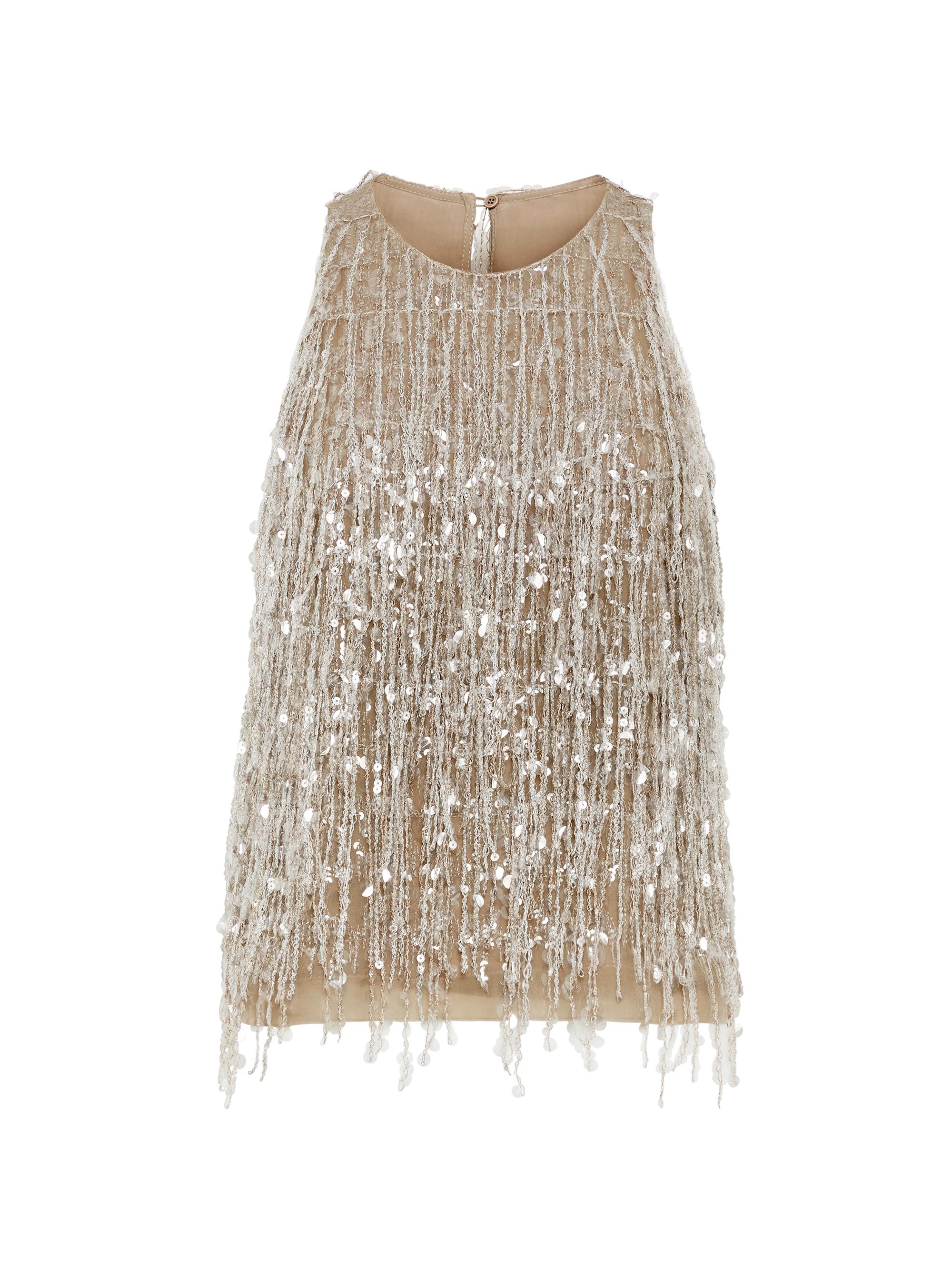 Brunello Cucinelli Women's Crispy Silk Top with Glistening Waterfall Embroidery - Walnut