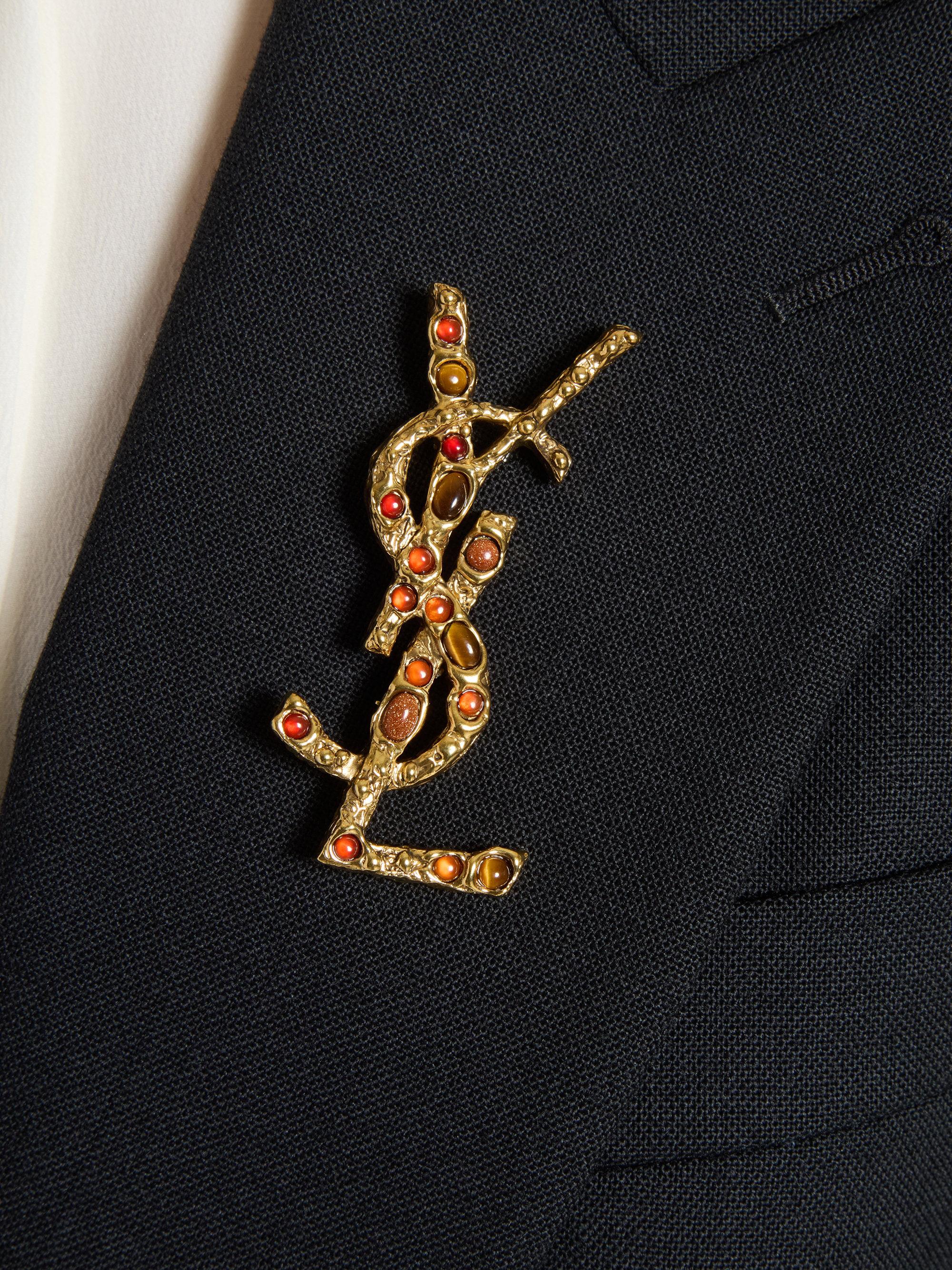 Saint Laurent Cassandre Brooch in Tiger's Eye, Sunstone and Metal