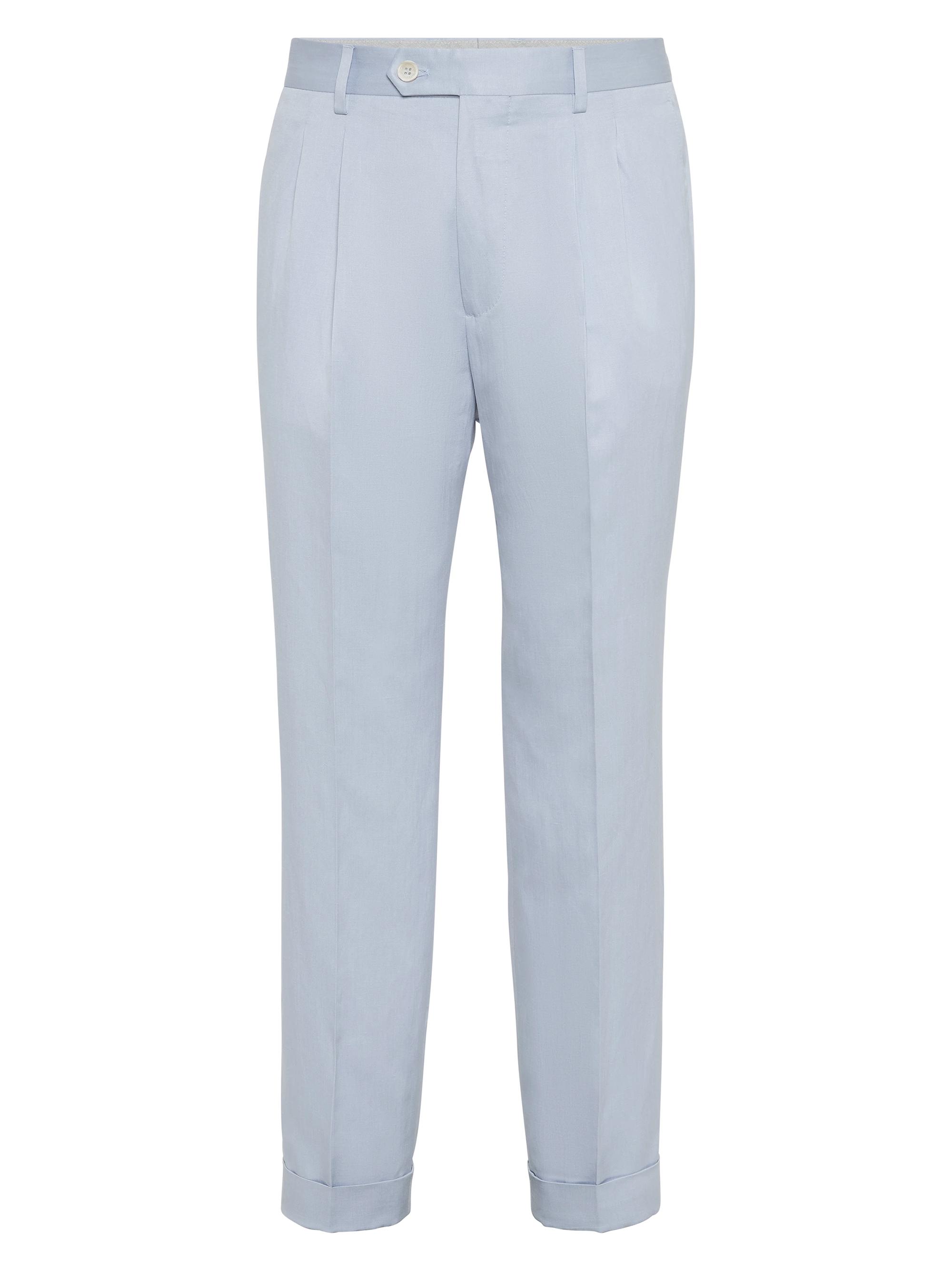 Brunello Cucinelli Men's Leisure Fit Trousers with Double Pleats - Blue Grey