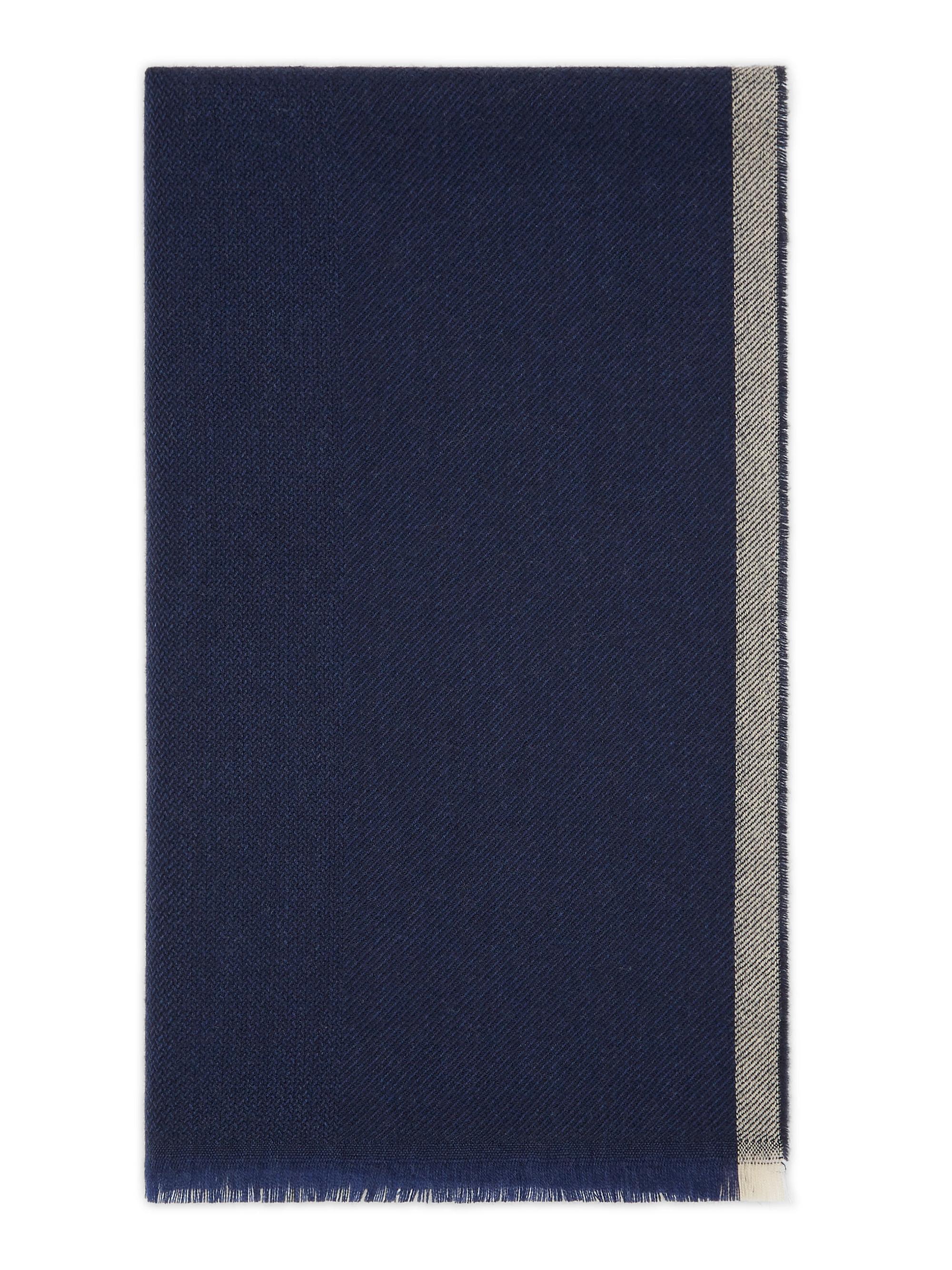 Brunello Cucinelli Men's Wool and Cashmere Diagonal Scarf with Striped Edge - Blue