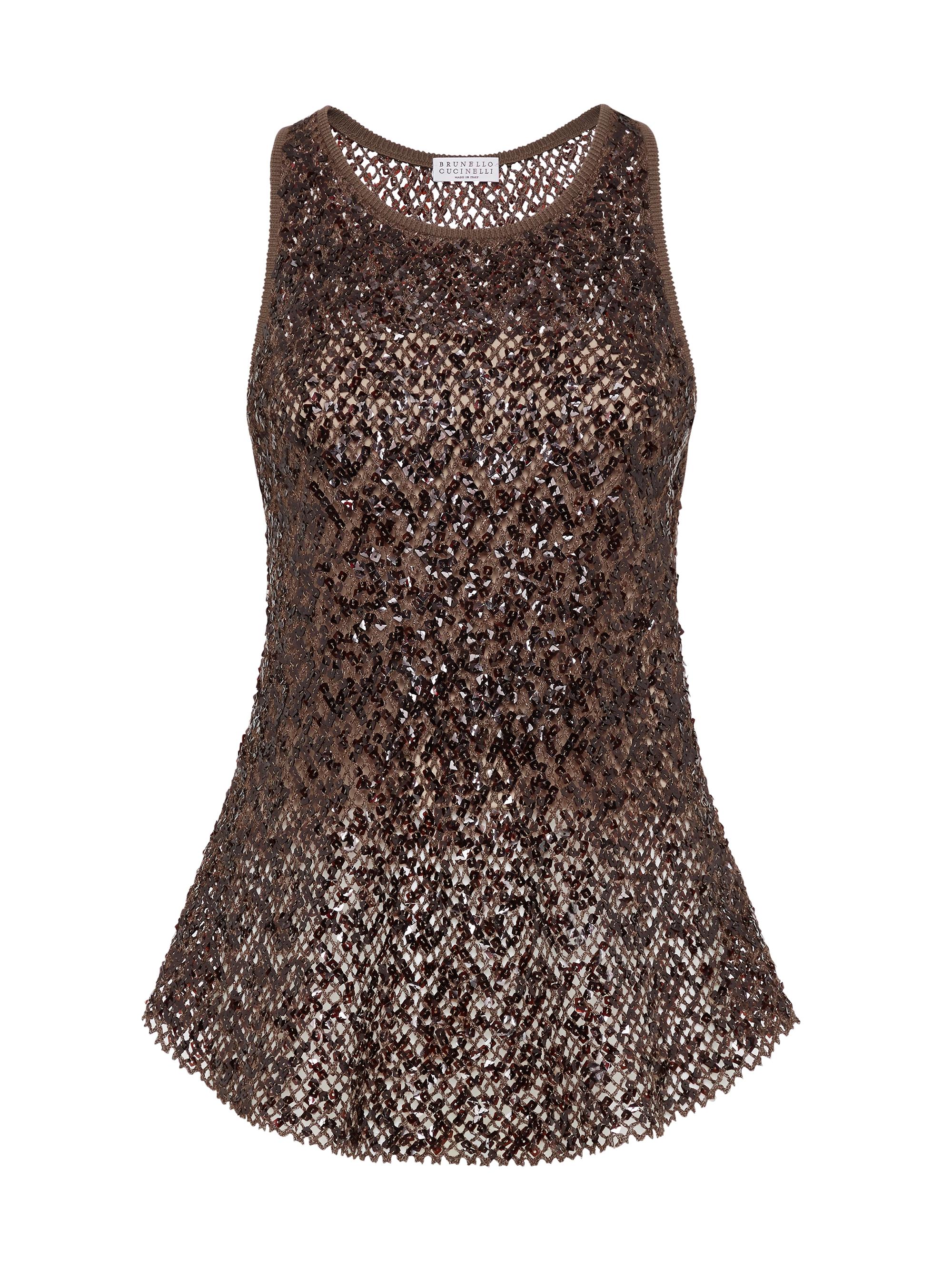 Brunello Cucinelli Women's Dazzling Net Embroidery Knit Top - Chocolate