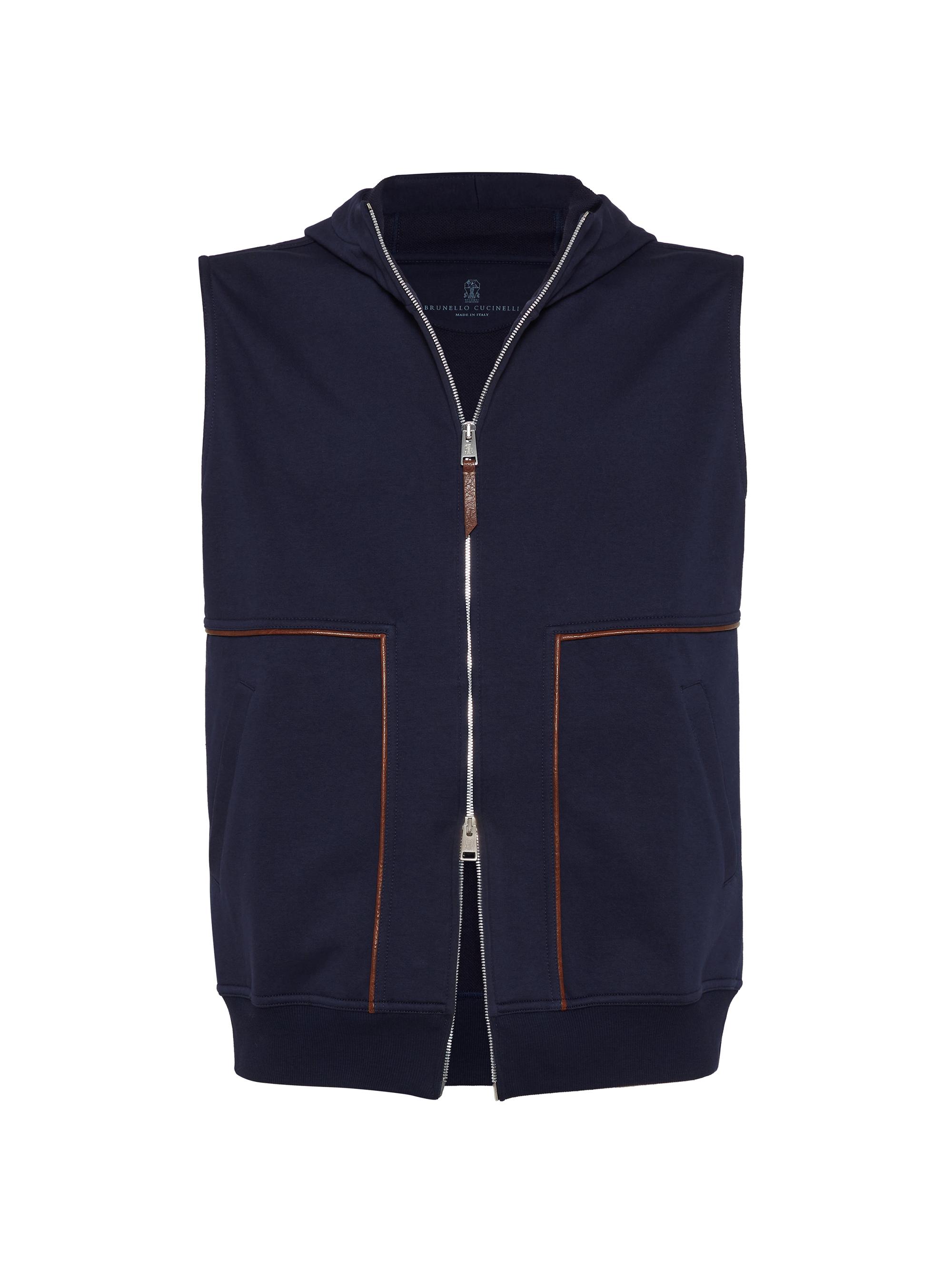 Brunello Cucinelli Men's Techno Cotton French Terry Hooded Vest with Piping - Cobalt