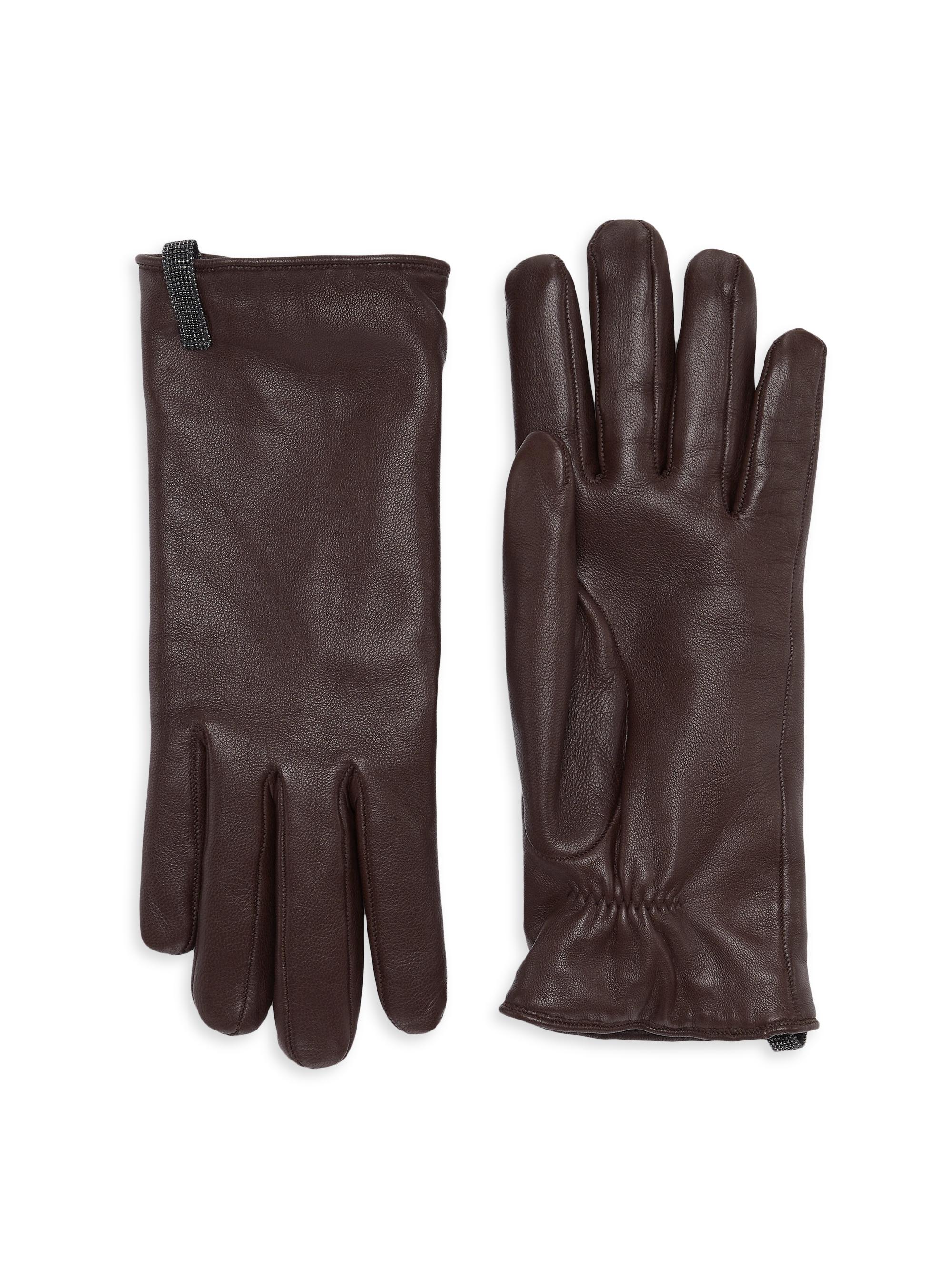 Brunello Cucinelli Women's Nappa Leather Gloves with Monili - Chocolate
