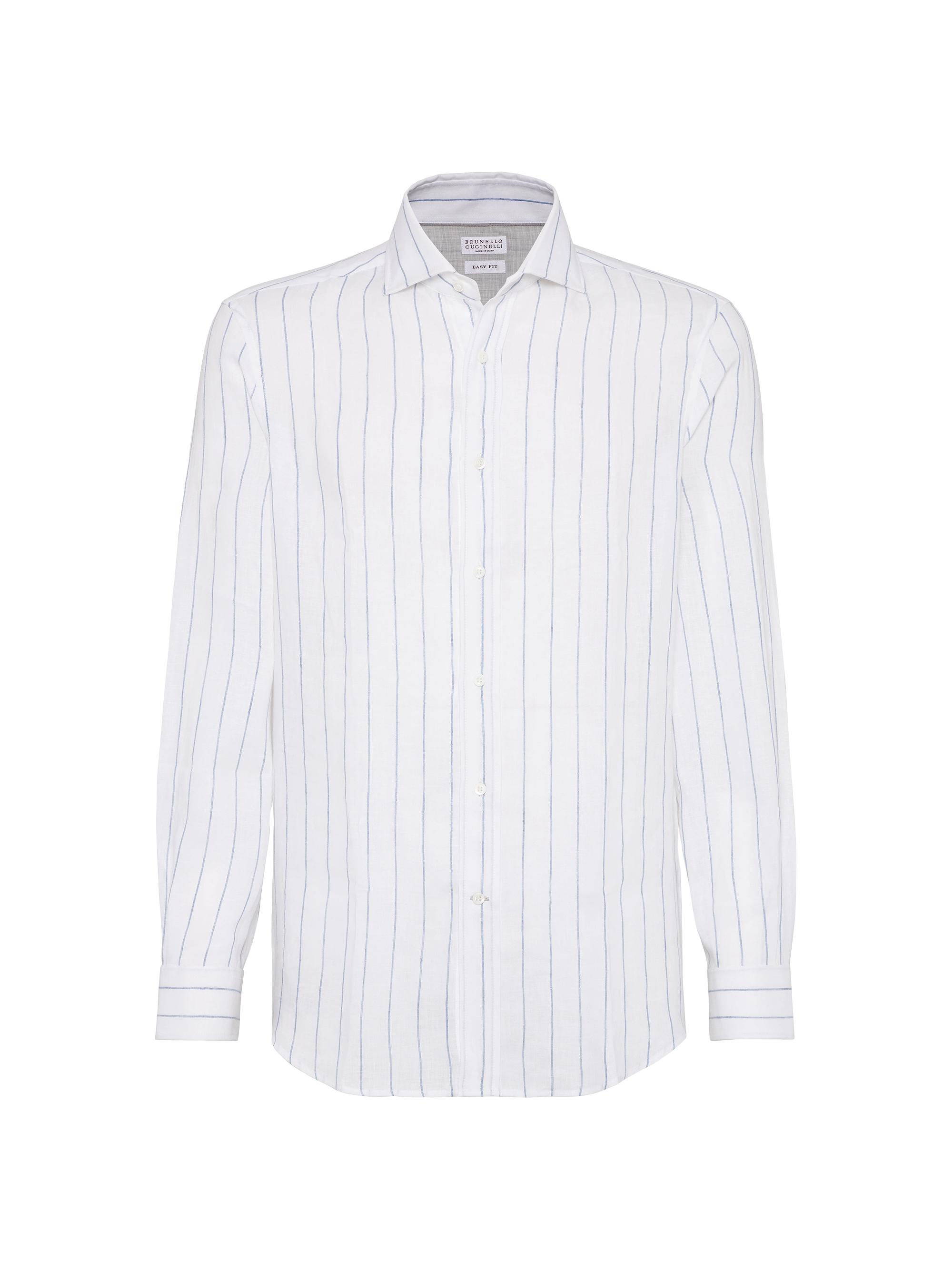 Brunello Cucinelli Men's Chalk Stripe Linen Easy Fit Shirt with Spread Collar - Periwinkle