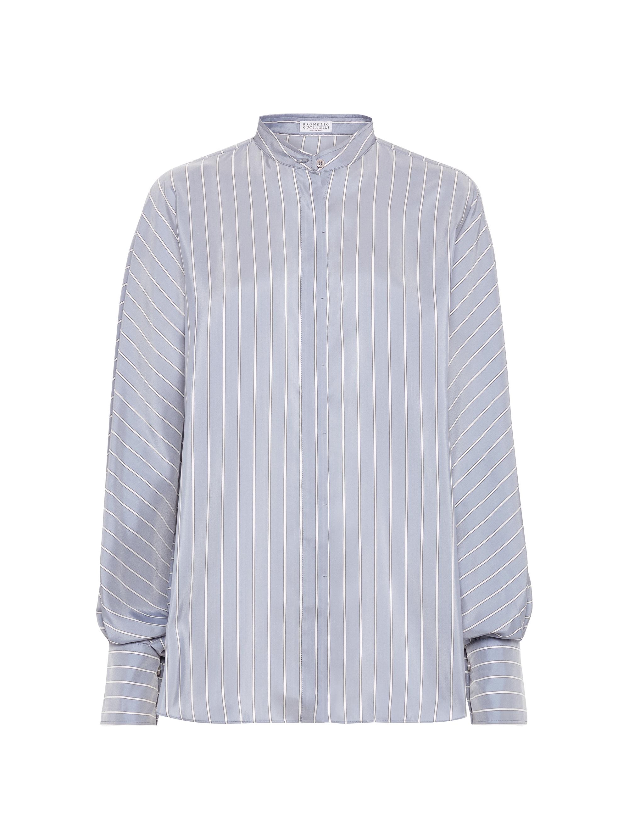 Brunello Cucinelli Women's Striped Silk Poplin Mandarin Collar Shirt - Azure