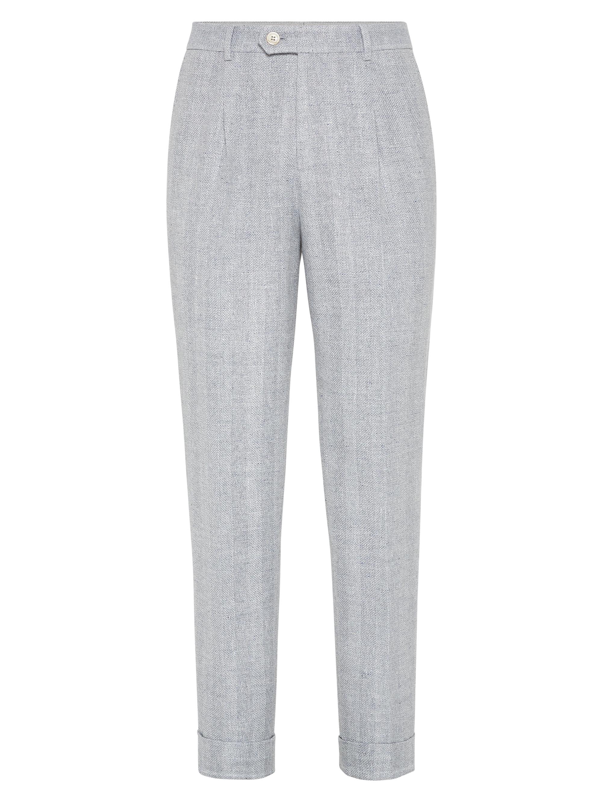 Brunello Cucinelli Men's Textured Stripe Diagonal Leisure Fit Trousers with Pleat - Light Grey