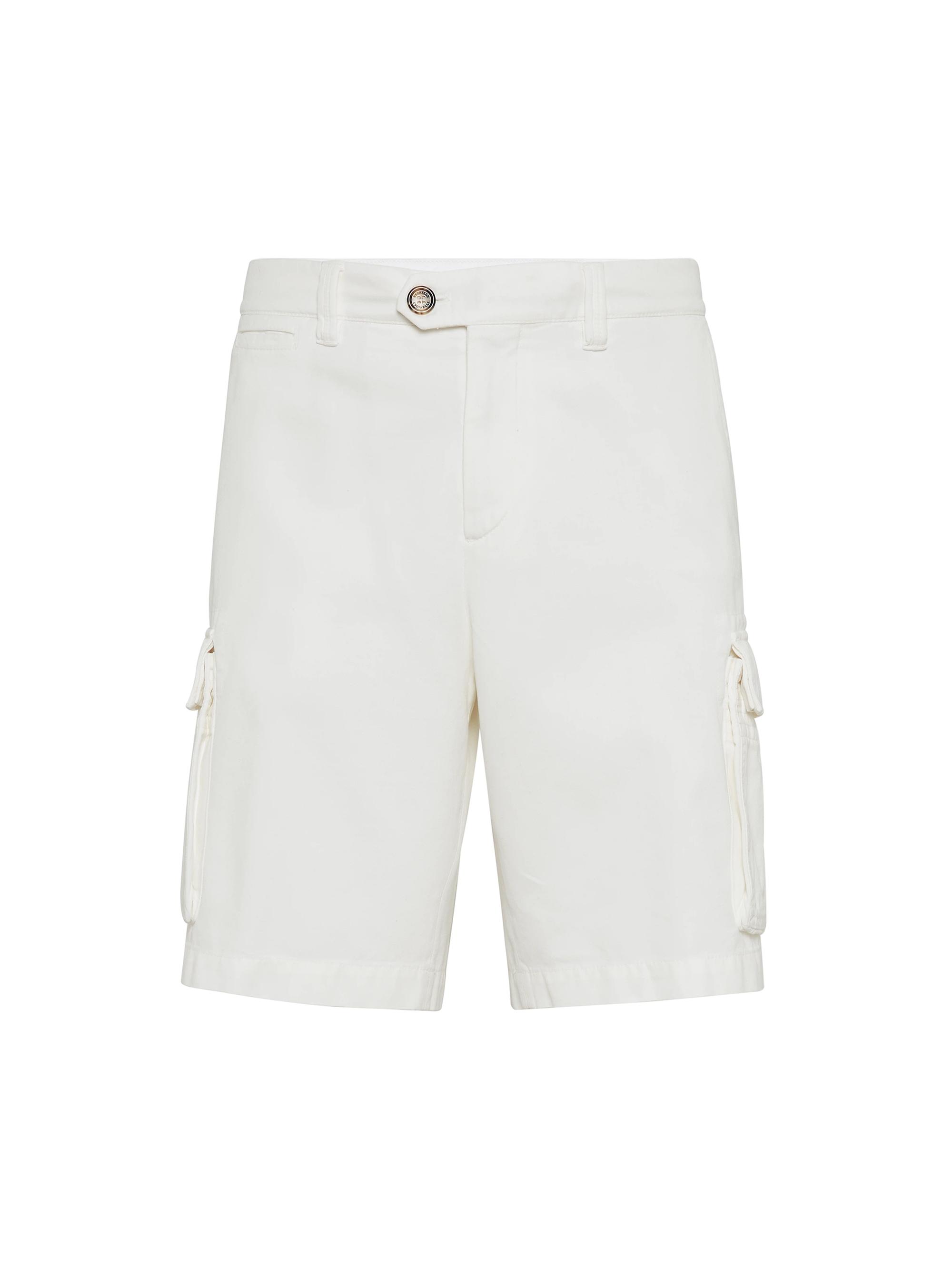 Brunello Cucinelli Men's Bermuda Shorts in Twisted Cotton Gabardine with Cargo Pockets - White