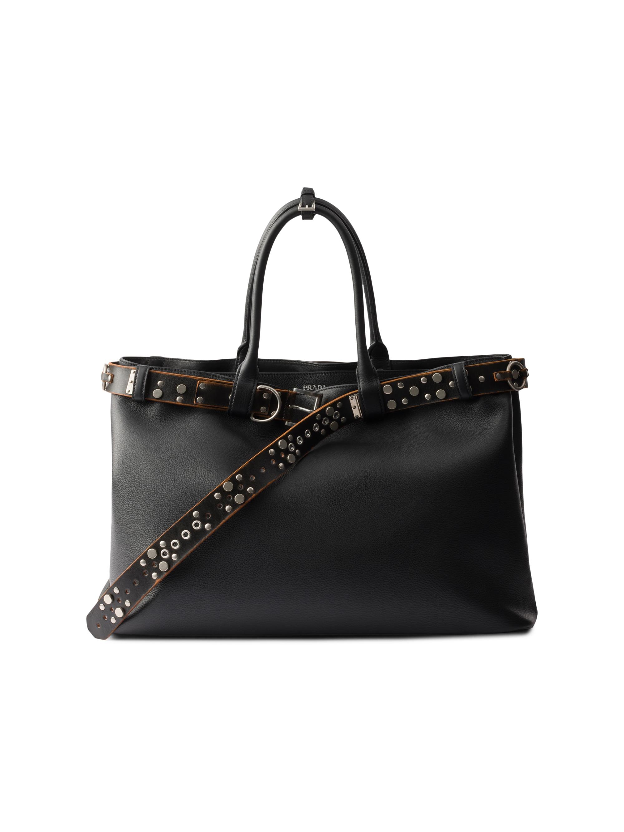 Prada Men's Buckle Leather Bag with Studded Belt - Black