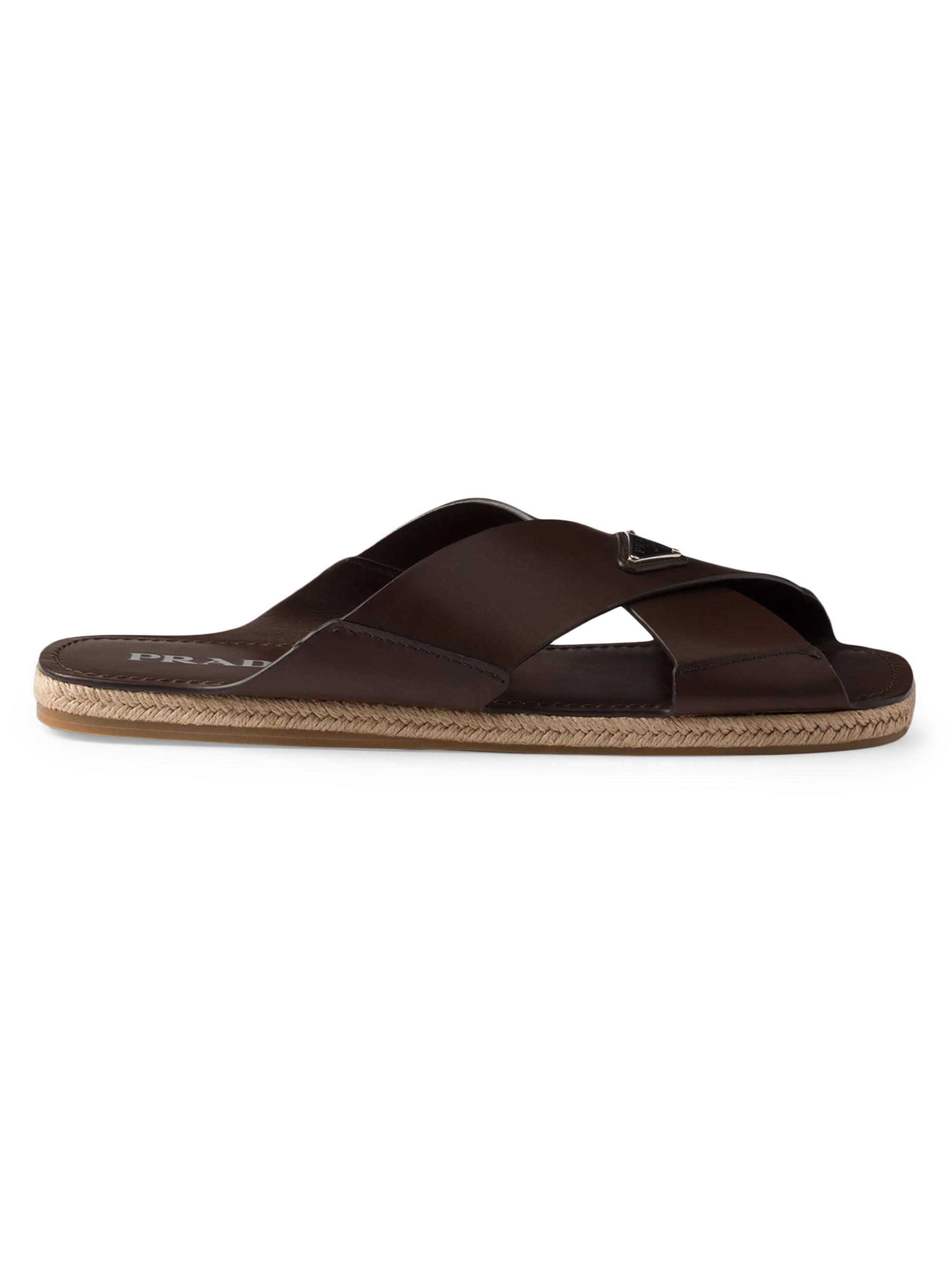 Prada Men's Crisscross Leather Slides - Brown