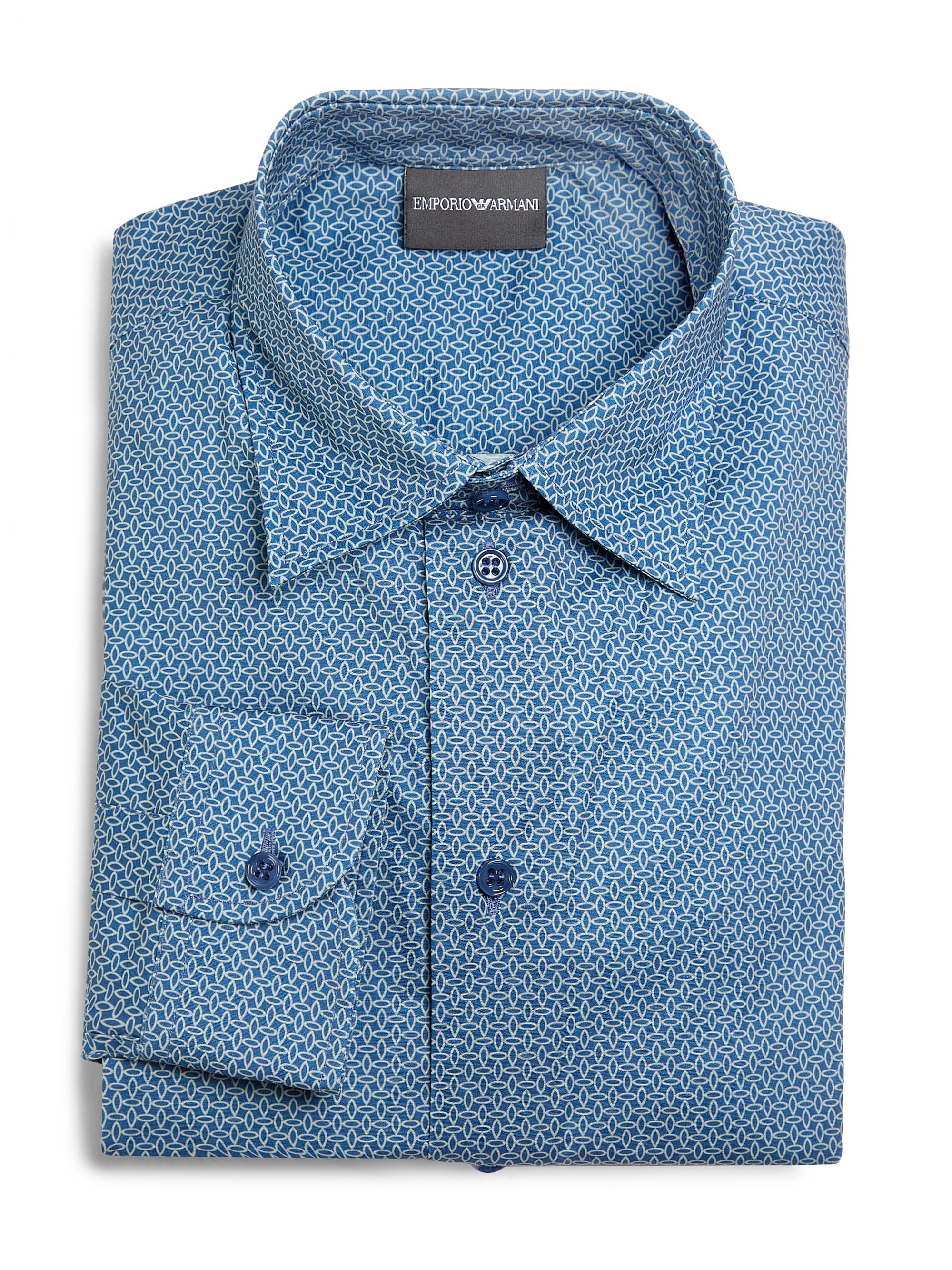 Emporio Armani Men's Geometric-Print Stretch Cotton Sport Shirt - Blue Grey