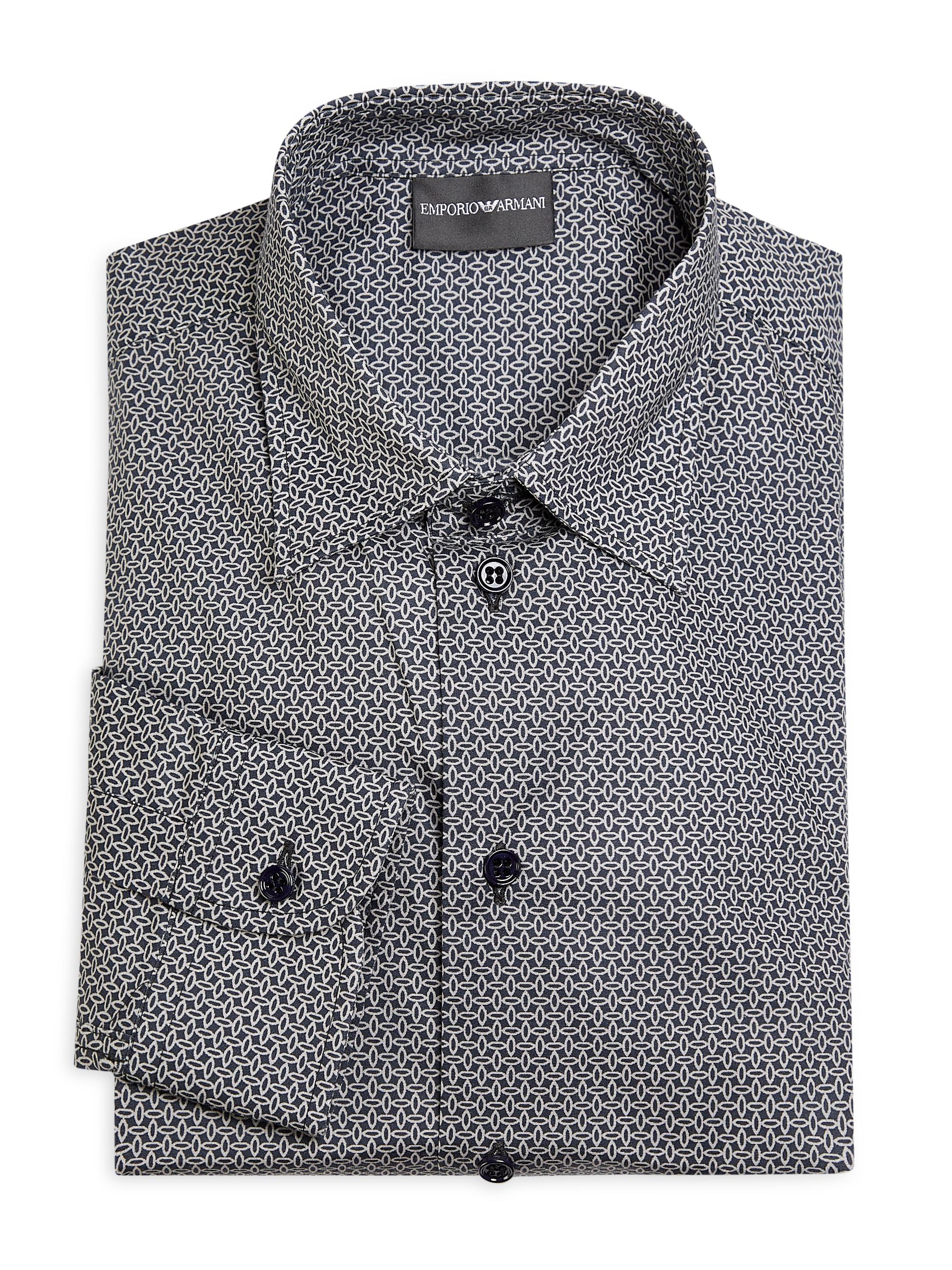 Emporio Armani Men's Geometric Print Stretch-Cotton Poplin Sport Shirt - Navy Grey