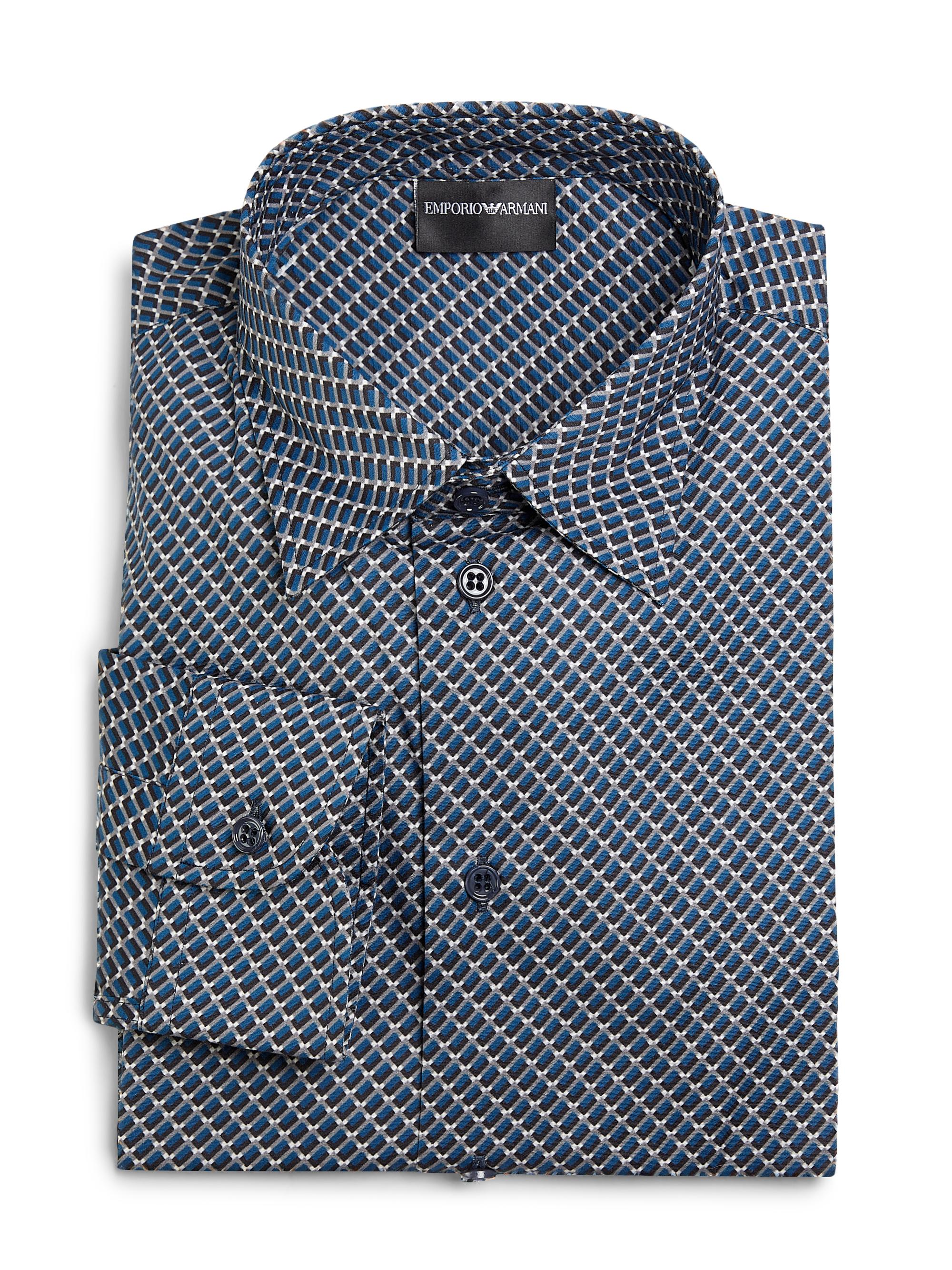 Emporio Armani Men's Printed Cotton Poplin Button-Front Shirt - Blue