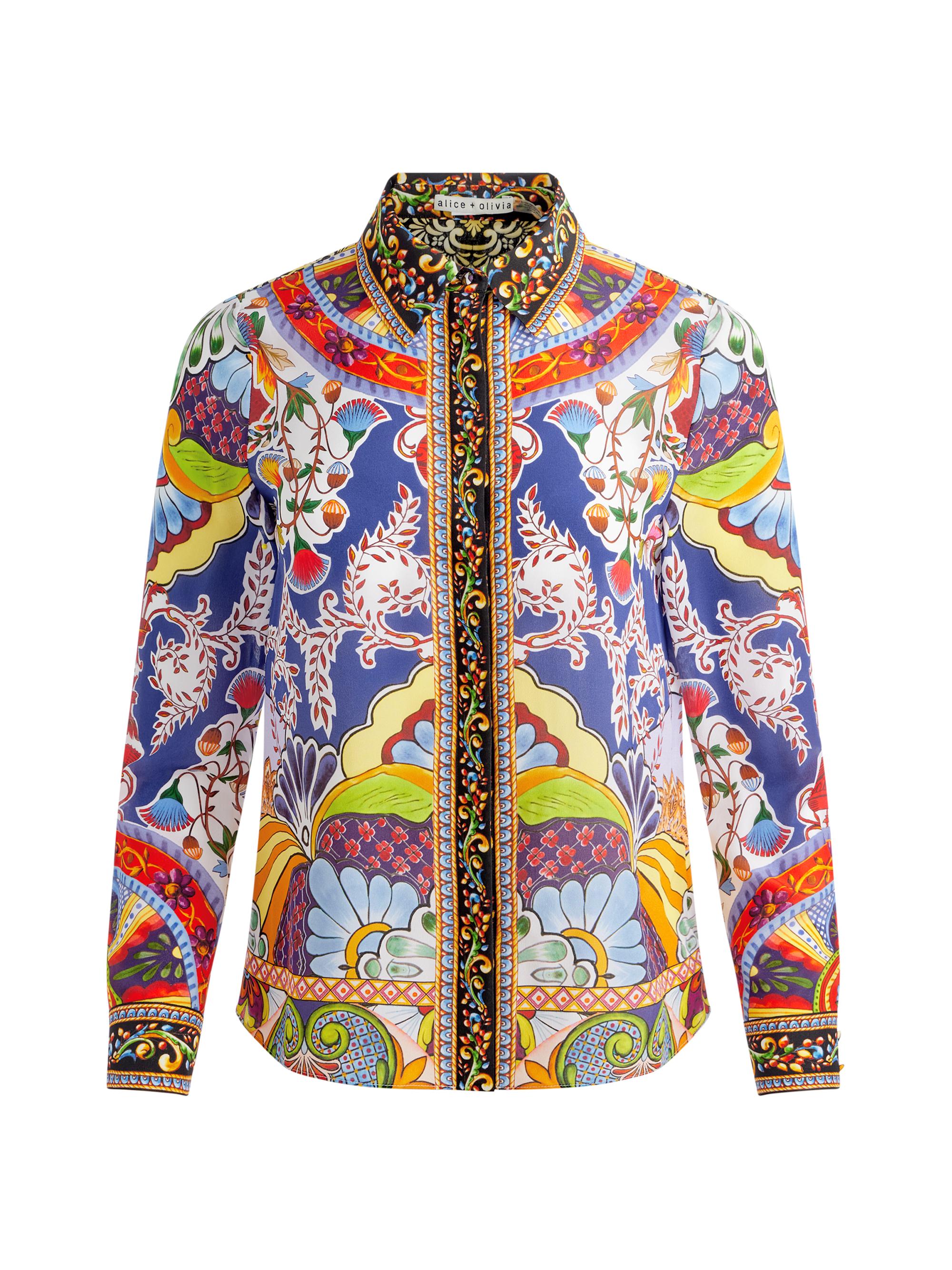 Alice + Olivia Women's Willa Silk Mixed Print Shirt - On The Road