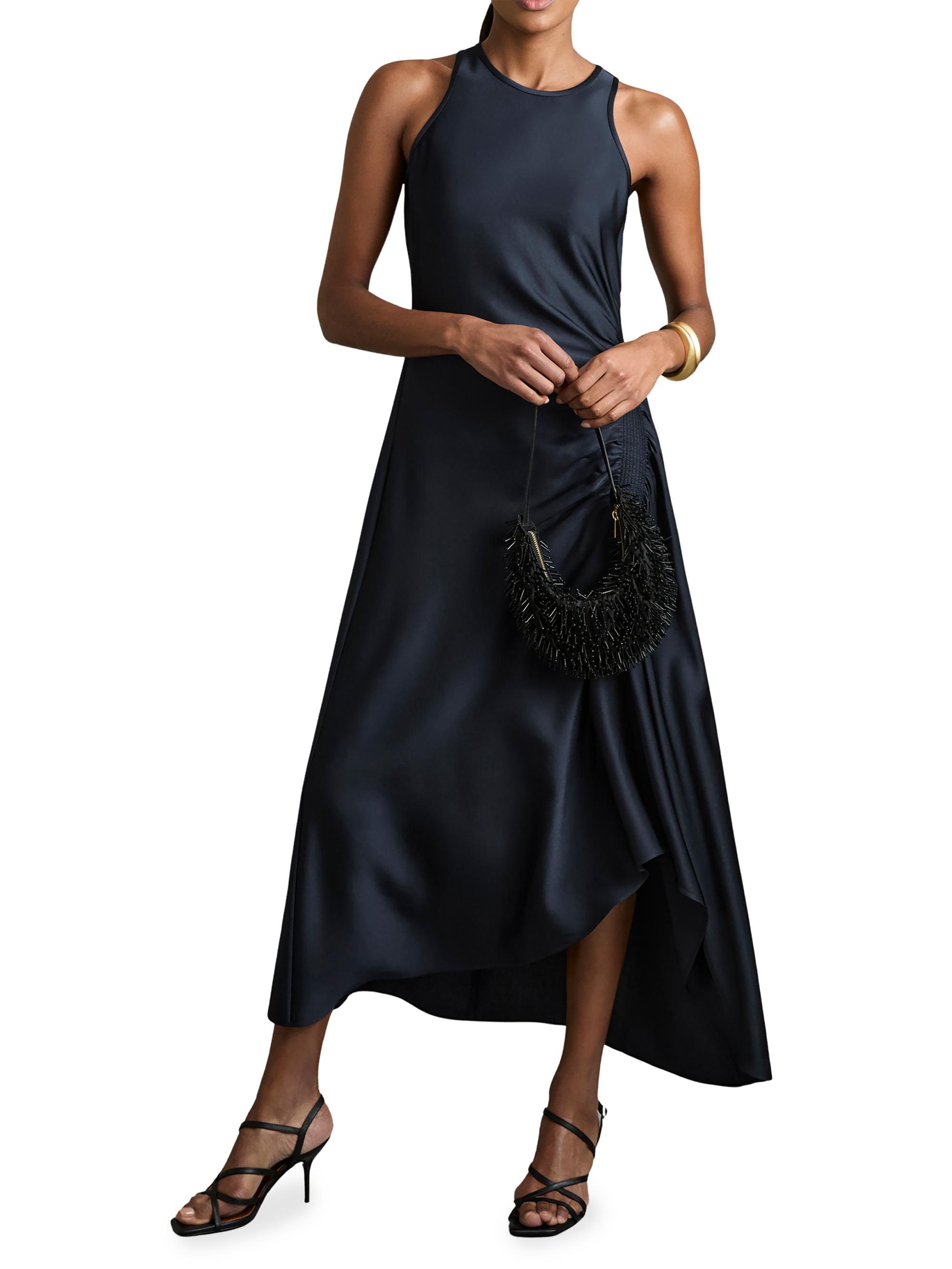 anessa satin shirred midi dress in navy Reiss Anessa Gathered Satin Midi-Dress