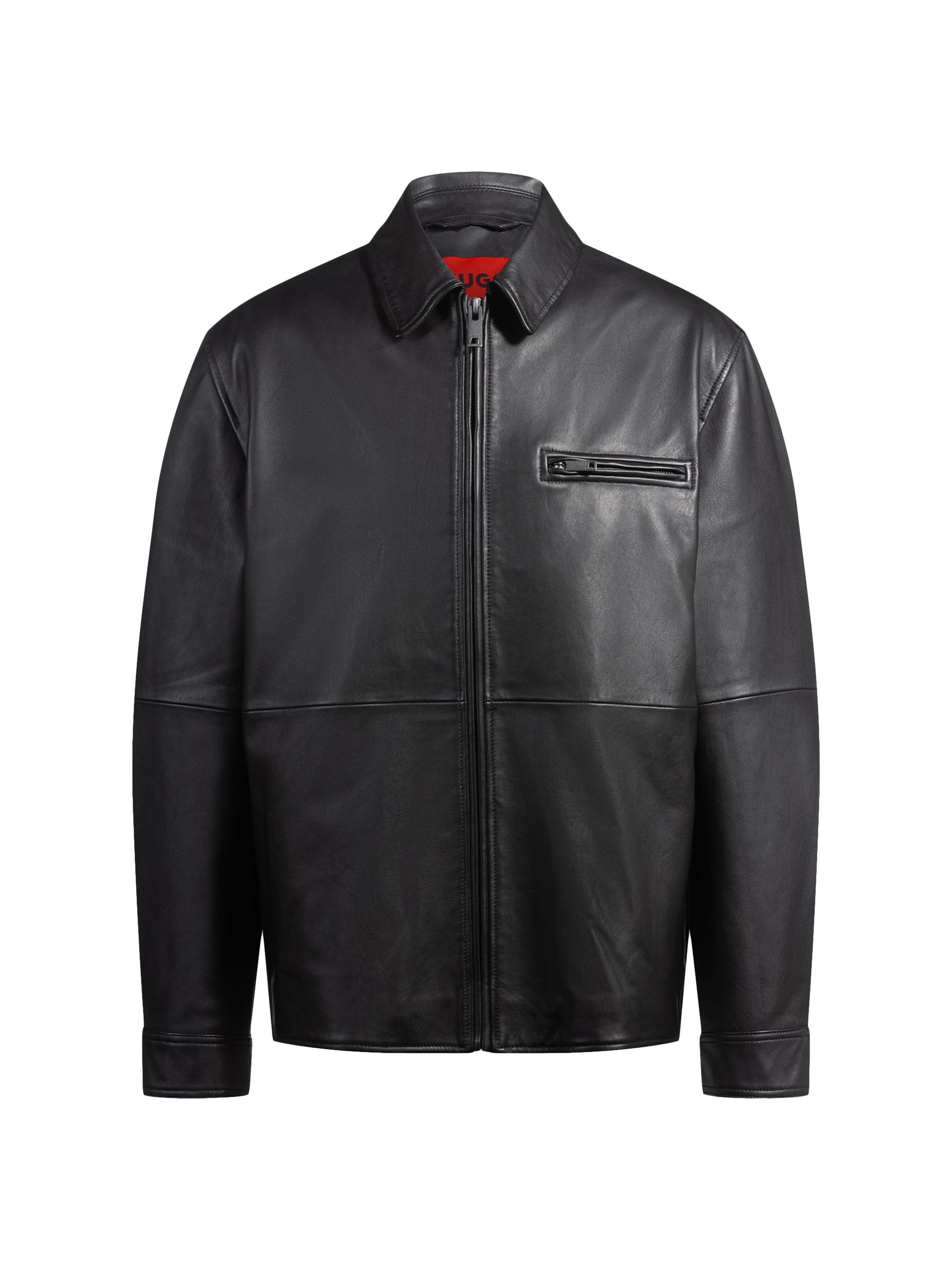 HUGO Men's Zip-Up Leather Jacket with Chest Pocket - Black