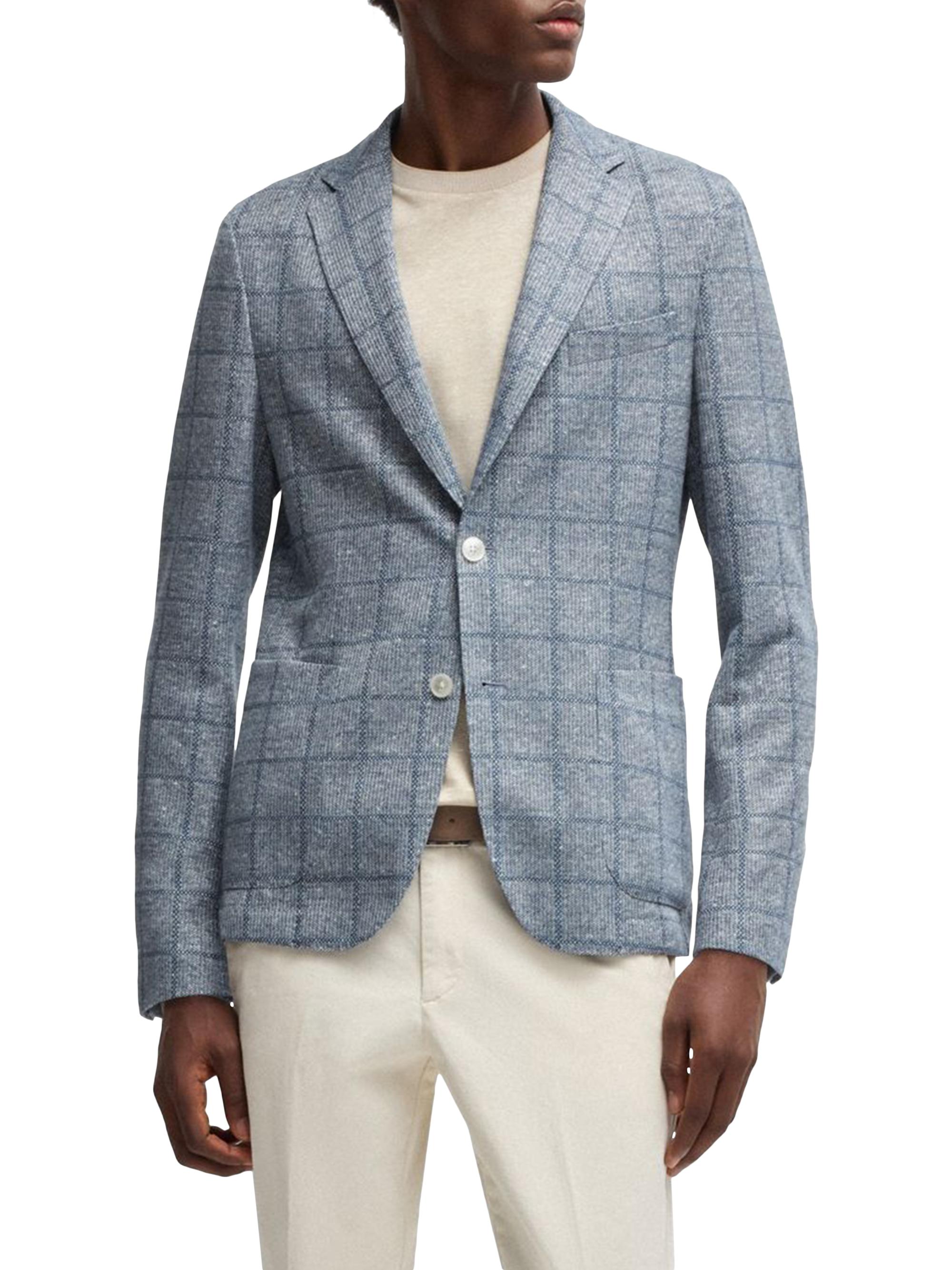 BOSS Men's Slim-Fit Blazer in Checked Stretch Fabric - Light Blue